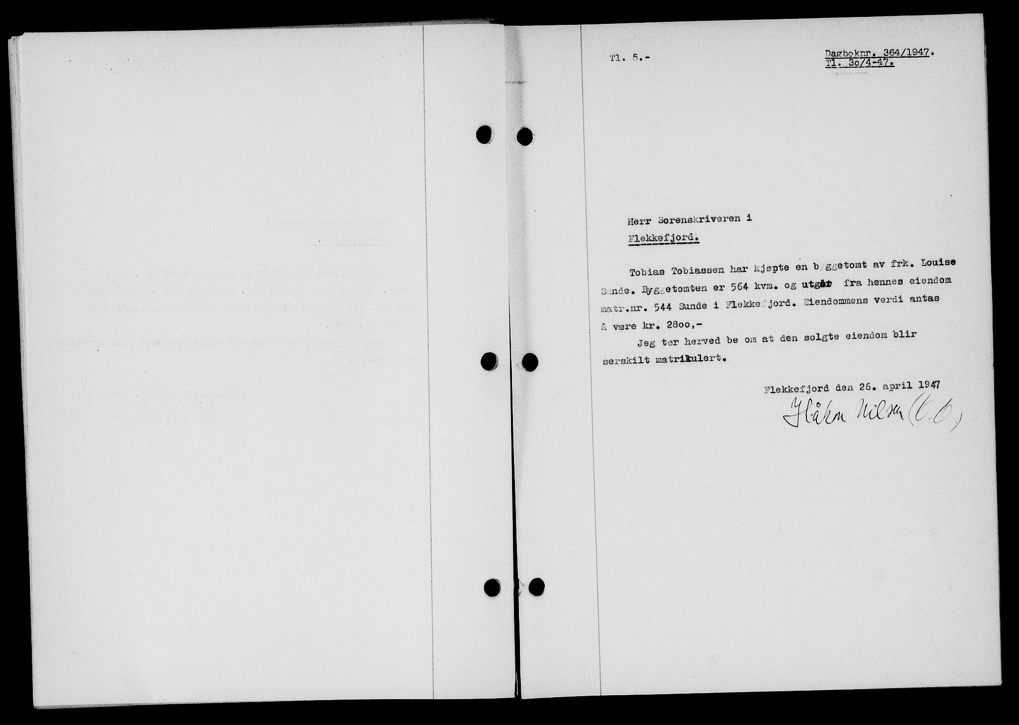Flekkefjord sorenskriveri, SAK/1221-0001/G/Gb/Gba/L0062: Mortgage book no. A-10, 1947-1947, Diary no: : 364/1947