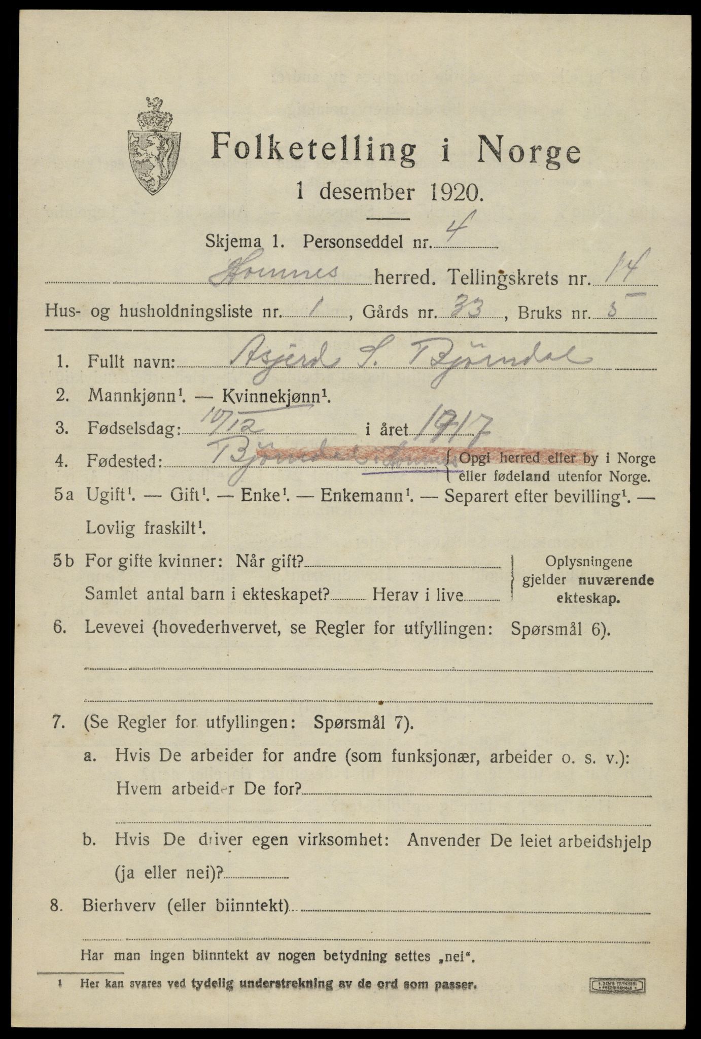 SAK, 1920 census for Hornnes, 1920, p. 3257
