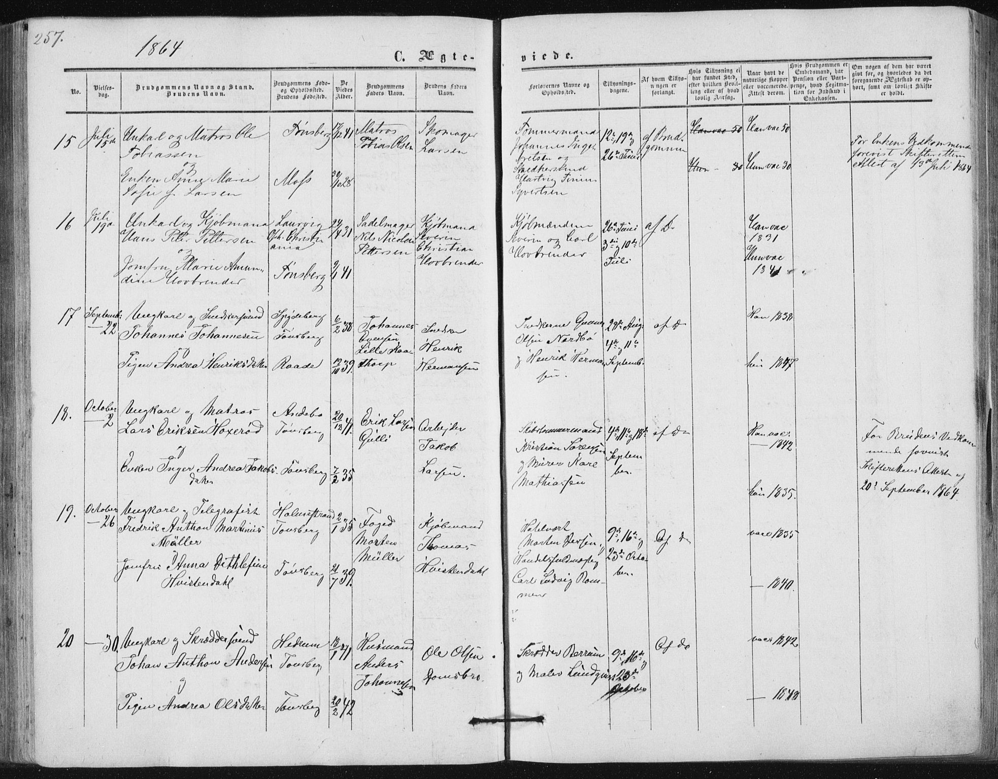 Tønsberg kirkebøker, AV/SAKO-A-330/F/Fa/L0008: Parish register (official) no. I 8, 1855-1864, p. 257