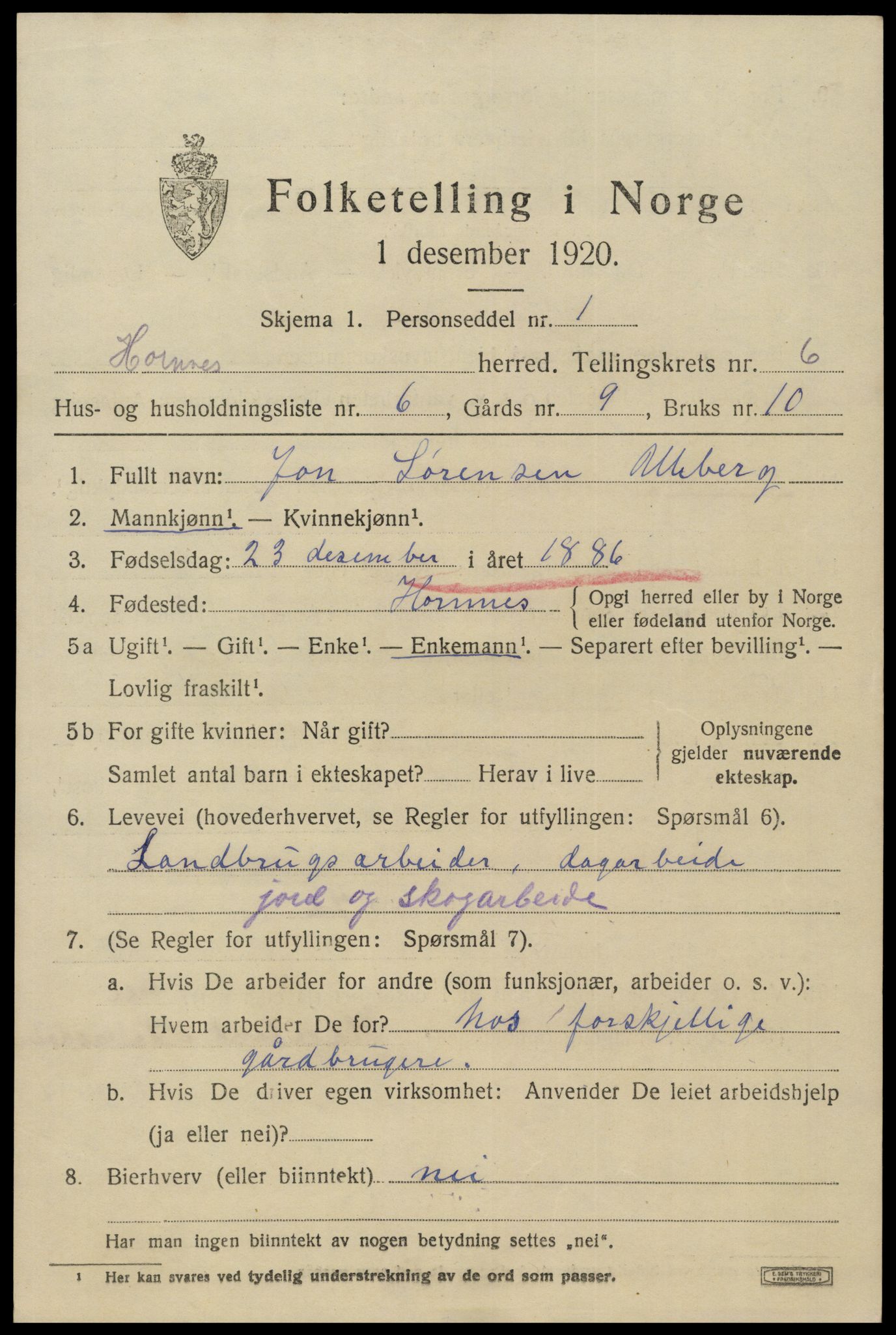 SAK, 1920 census for Hornnes, 1920, p. 1613