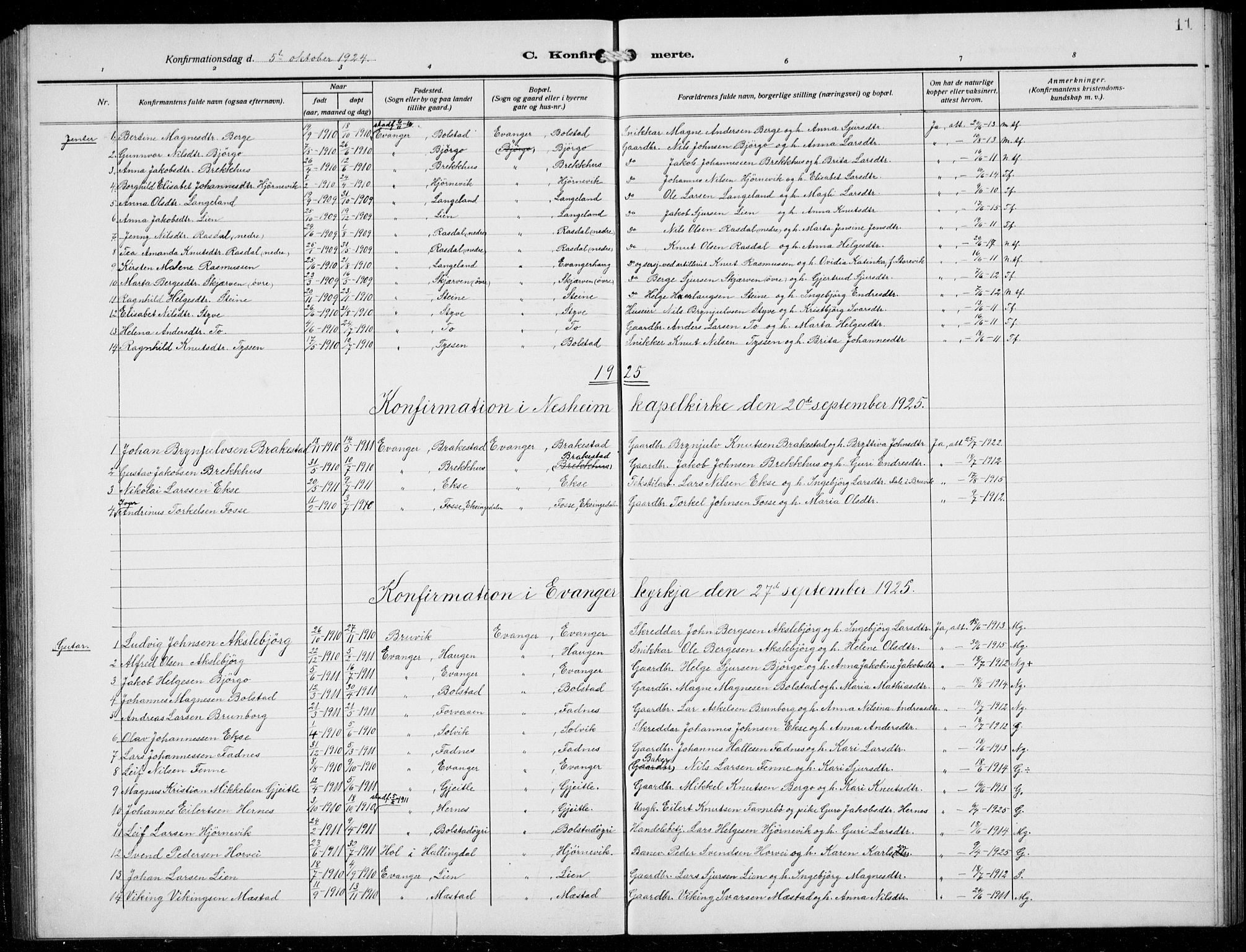 Evanger sokneprestembete, AV/SAB-A-99924: Parish register (copy) no. A 6, 1918-1941, p. 11