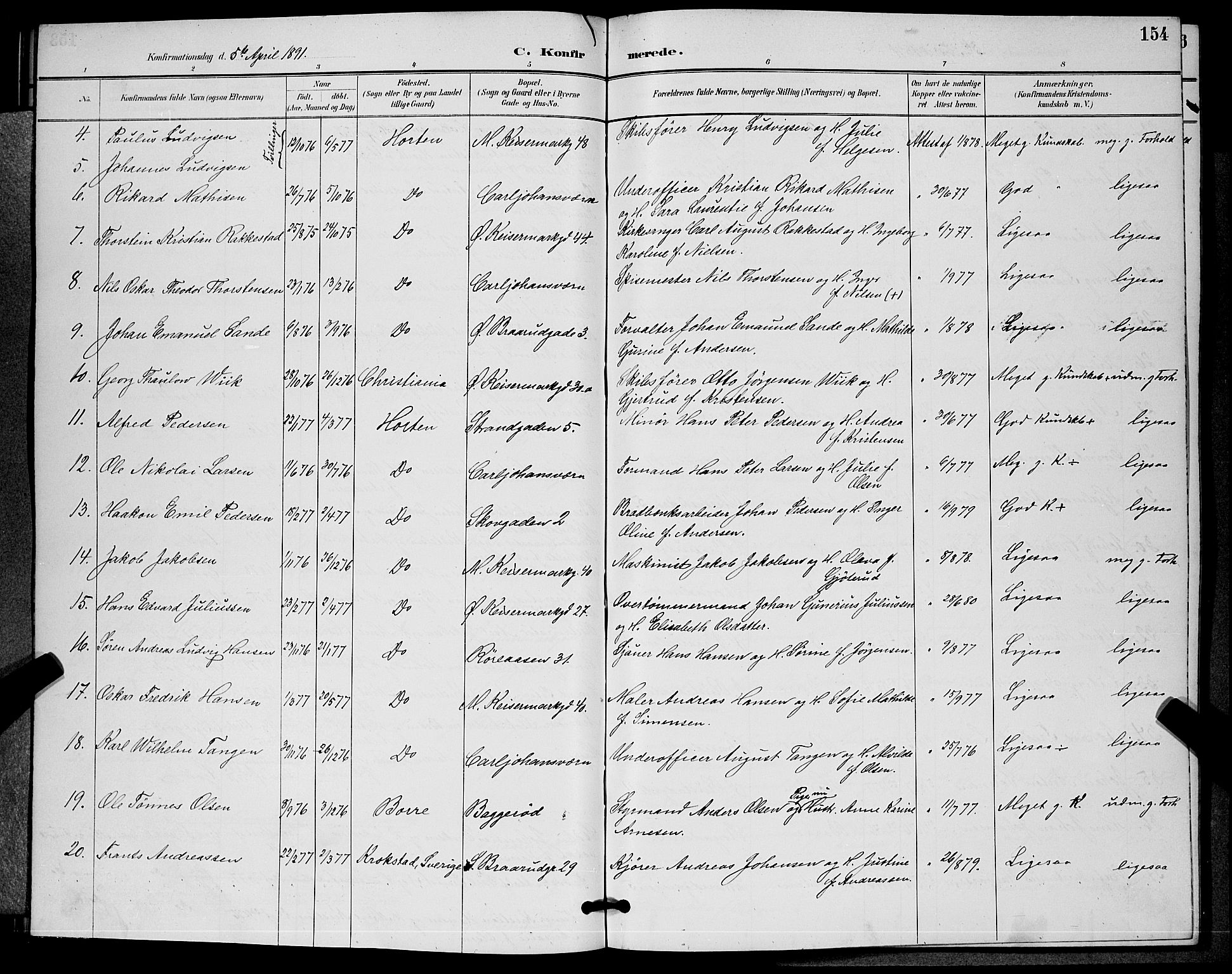 Horten kirkebøker, AV/SAKO-A-348/G/Ga/L0005: Parish register (copy) no. 5, 1888-1895, p. 154