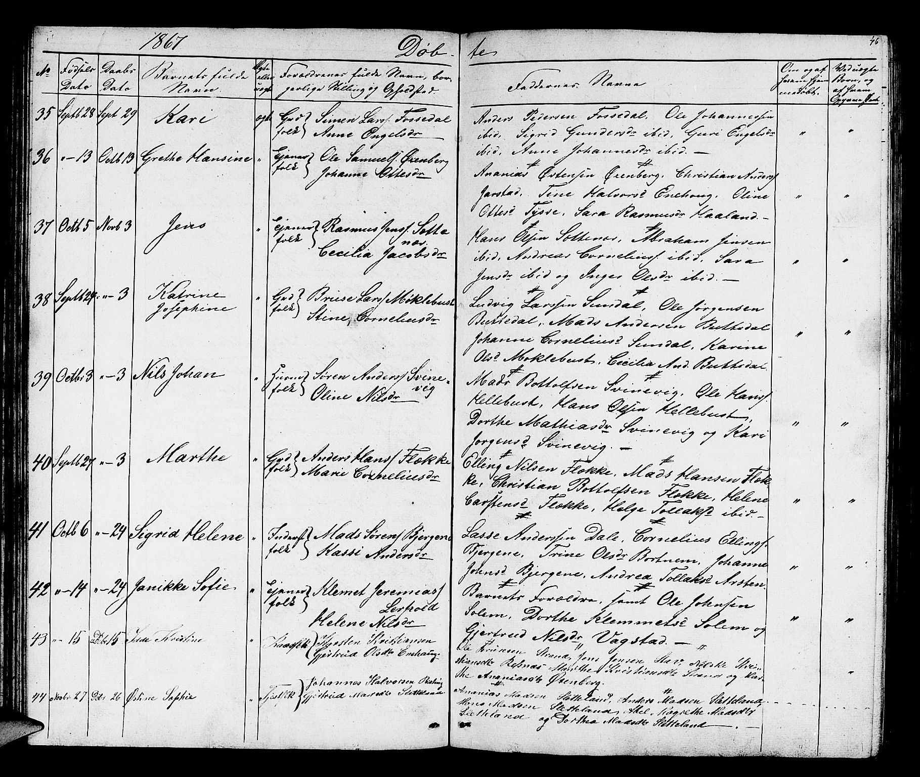 Fjaler sokneprestembete, SAB/A-79801/H/Hab/Habc/L0001: Parish register (copy) no. C 1, 1852-1878, p. 47