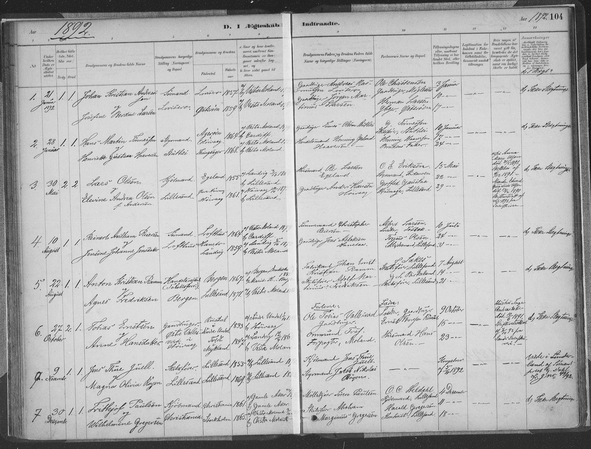 Vestre Moland sokneprestkontor, SAK/1111-0046/F/Fa/Faa/L0001: Parish register (official) no. A 1, 1884-1899, p. 104