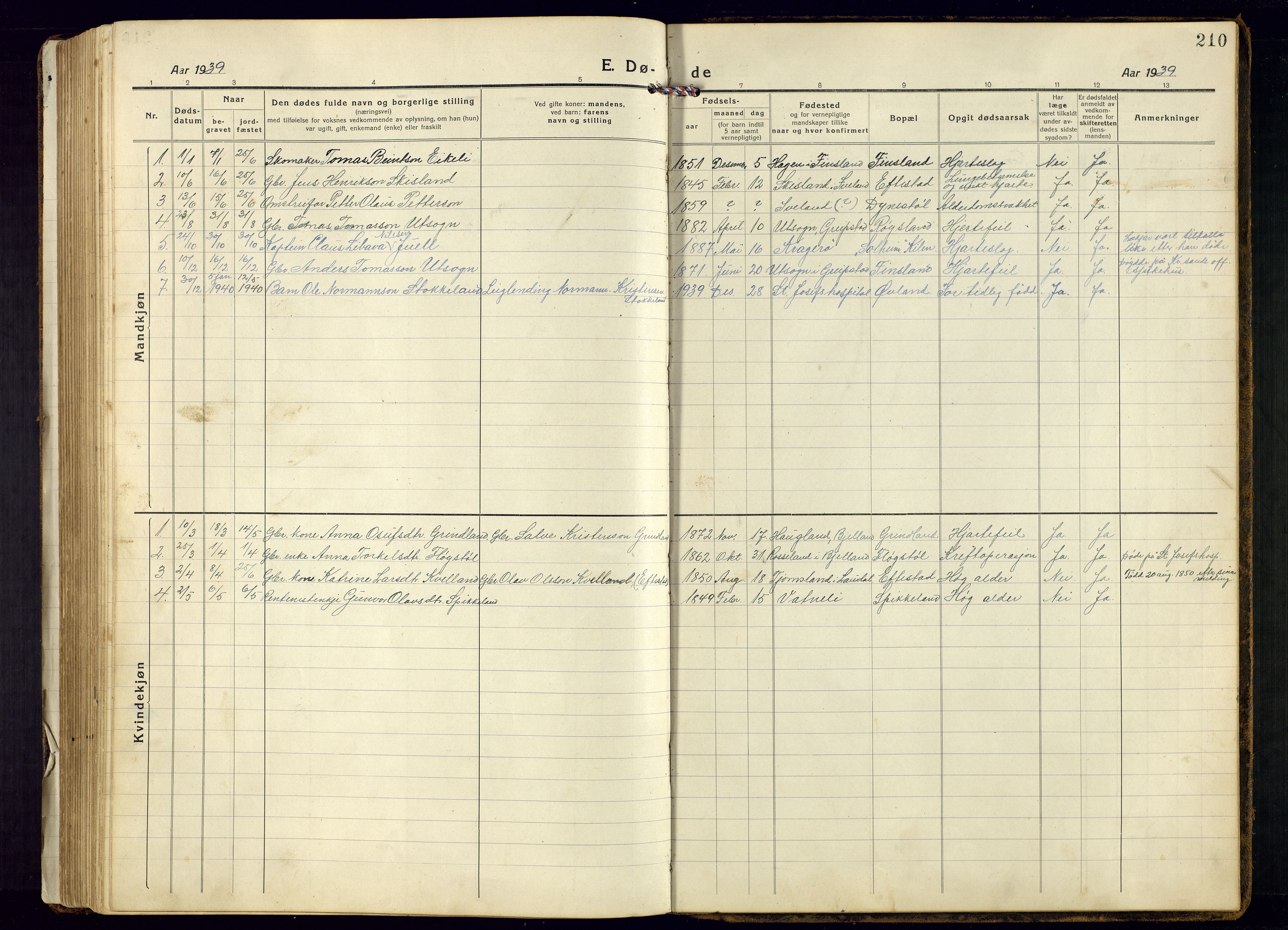 Bjelland sokneprestkontor, SAK/1111-0005/F/Fb/Fbb/L0006: Parish register (copy) no. B-6, 1918-1946, p. 210