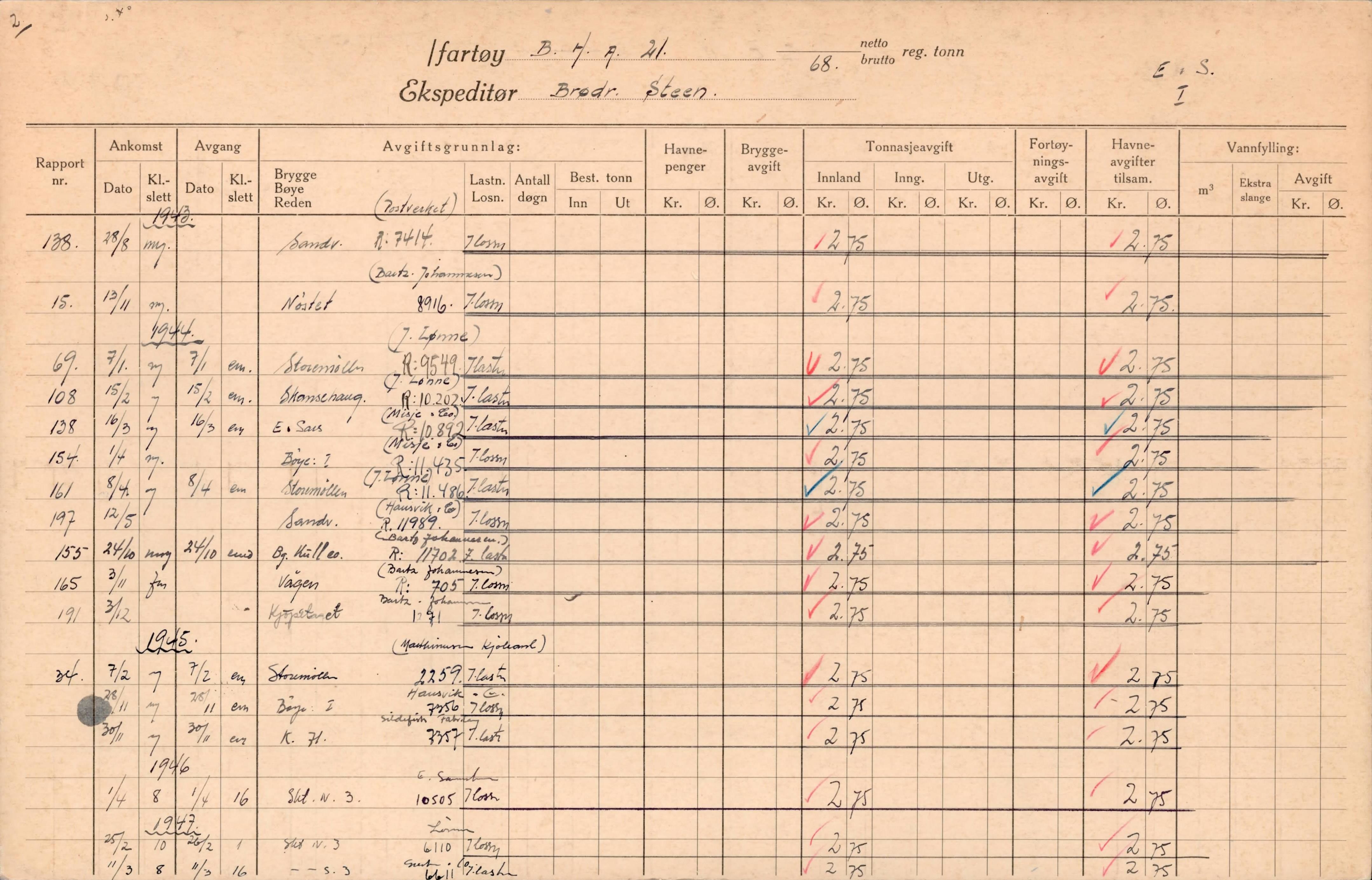 Bergen kommune. Havnekontor/havnefogd, BBA/A-0742/H/Ha/Hac/L0066: Skipsregister Diverse, 1941-1975