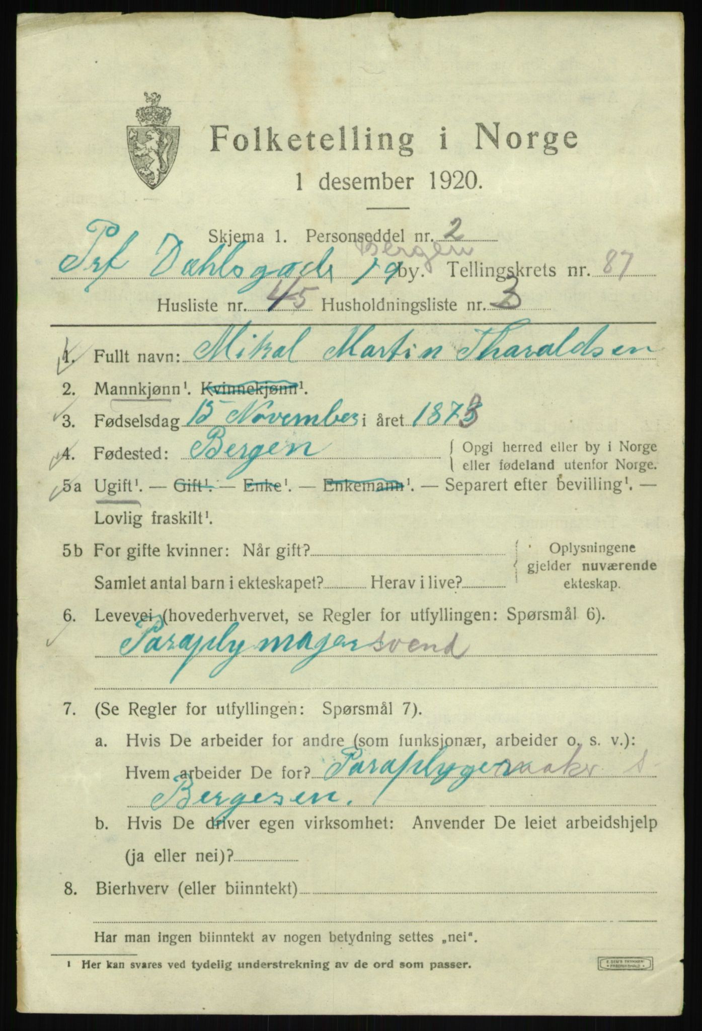 SAB, 1920 census for Bergen, 1920, p. 160712