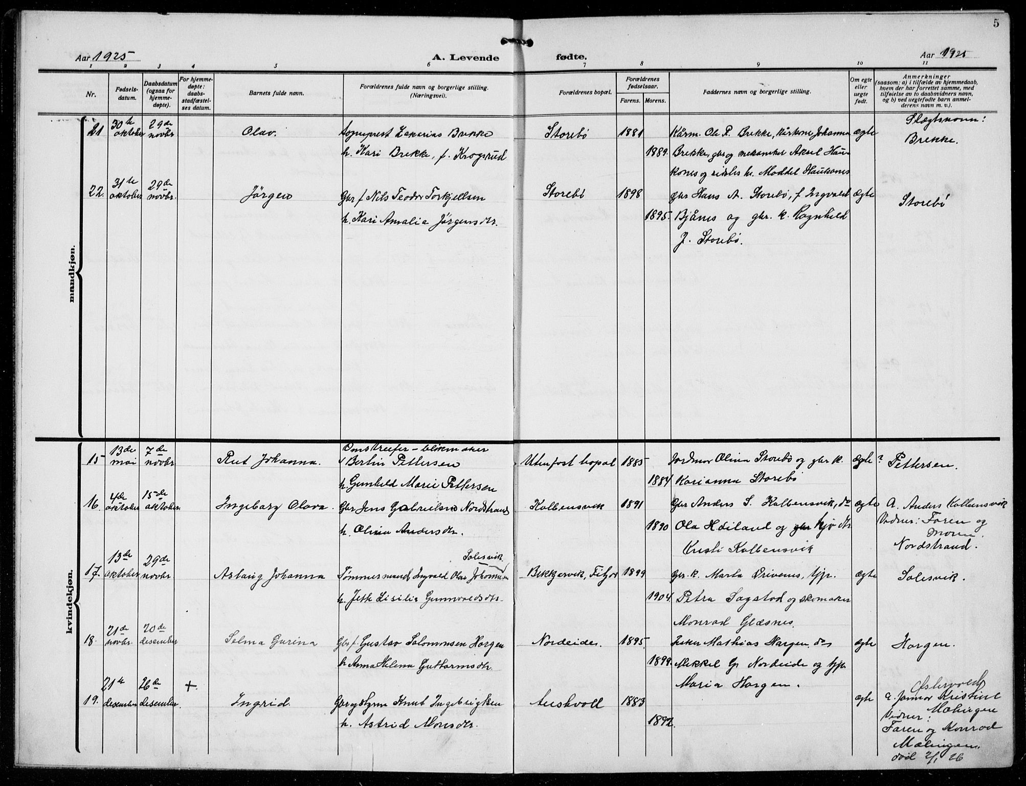 Austevoll sokneprestembete, AV/SAB-A-74201/H/Ha/Hab/Haba/L0006: Parish register (copy) no. A  6, 1925-1938, p. 5