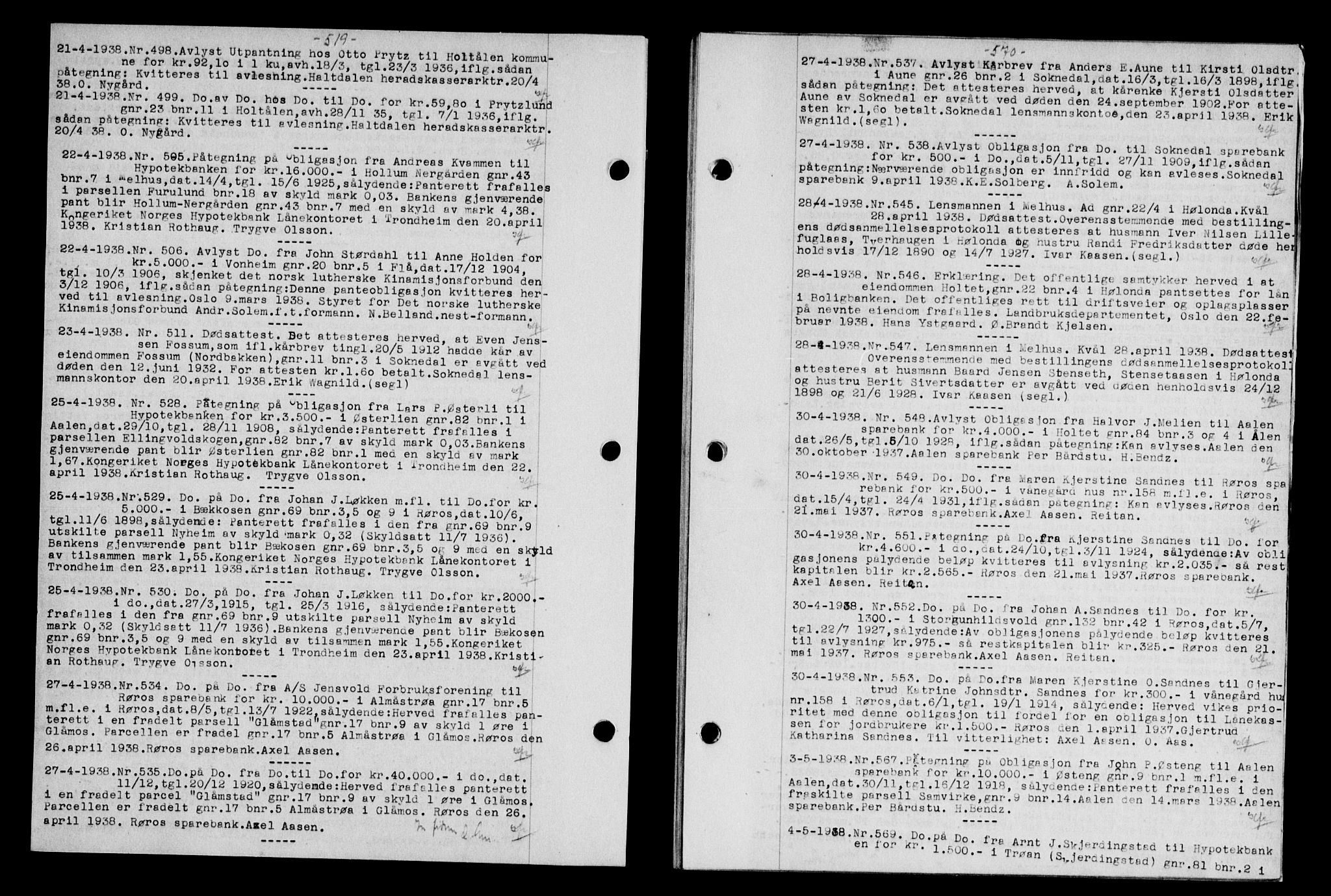 Gauldal sorenskriveri, SAT/A-0014/1/2/2C/L0048: Mortgage book no. 51-52, 1937-1938, p. 519, Diary no: : 498/1938