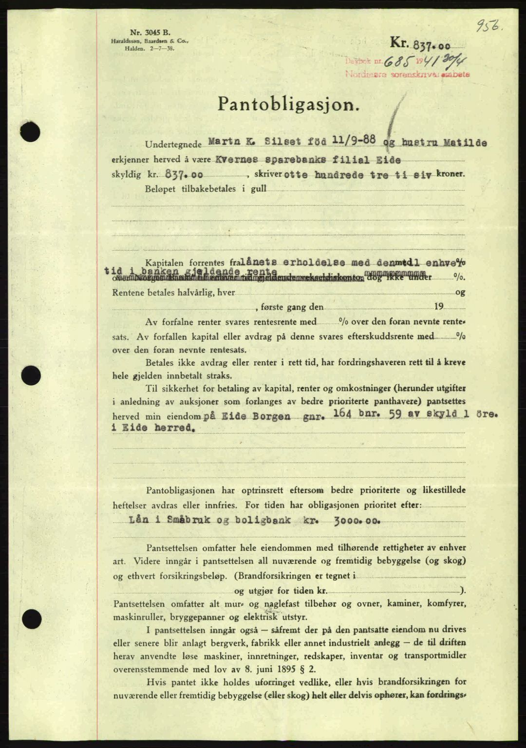 Nordmøre sorenskriveri, AV/SAT-A-4132/1/2/2Ca: Mortgage book no. B87, 1940-1941, Diary no: : 685/1941