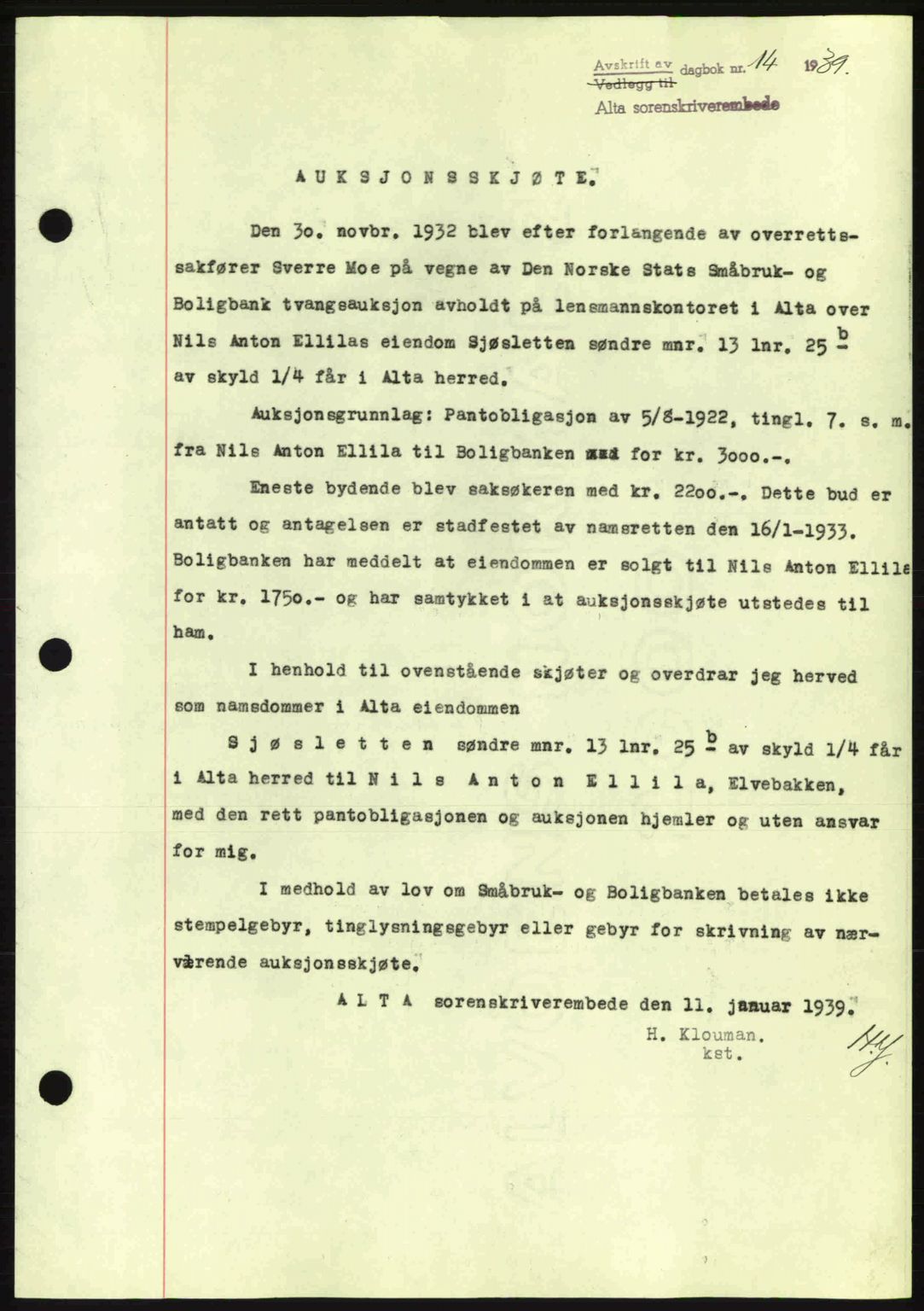 Alta fogderi/sorenskriveri, SATØ/SATØ-5/1/K/Kd/L0031pantebok: Mortgage book no. 31, 1938-1939, Diary no: : 14/1939