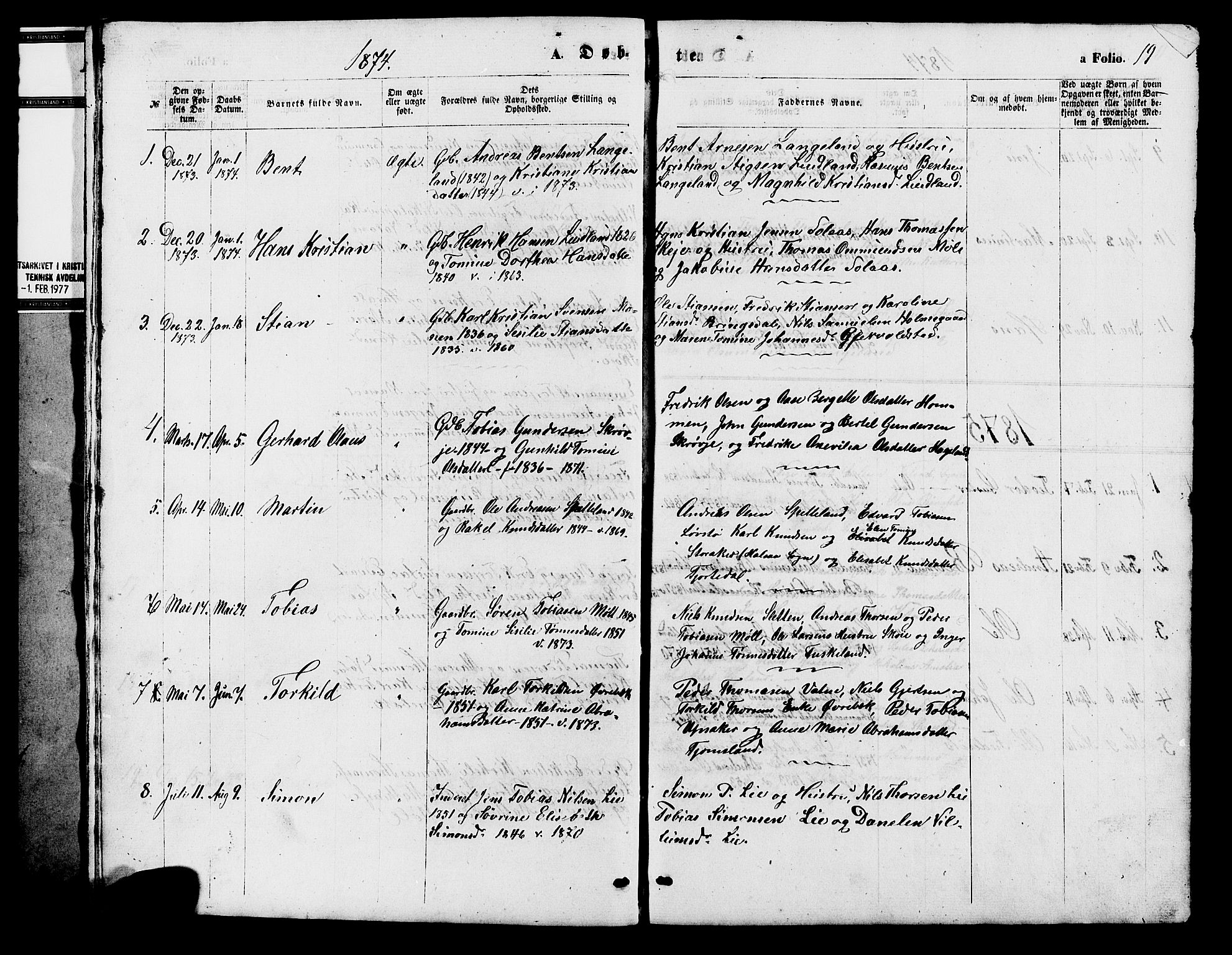 Holum sokneprestkontor, SAK/1111-0022/F/Fb/Fba/L0004: Parish register (copy) no. B 4, 1867-1890, p. 19