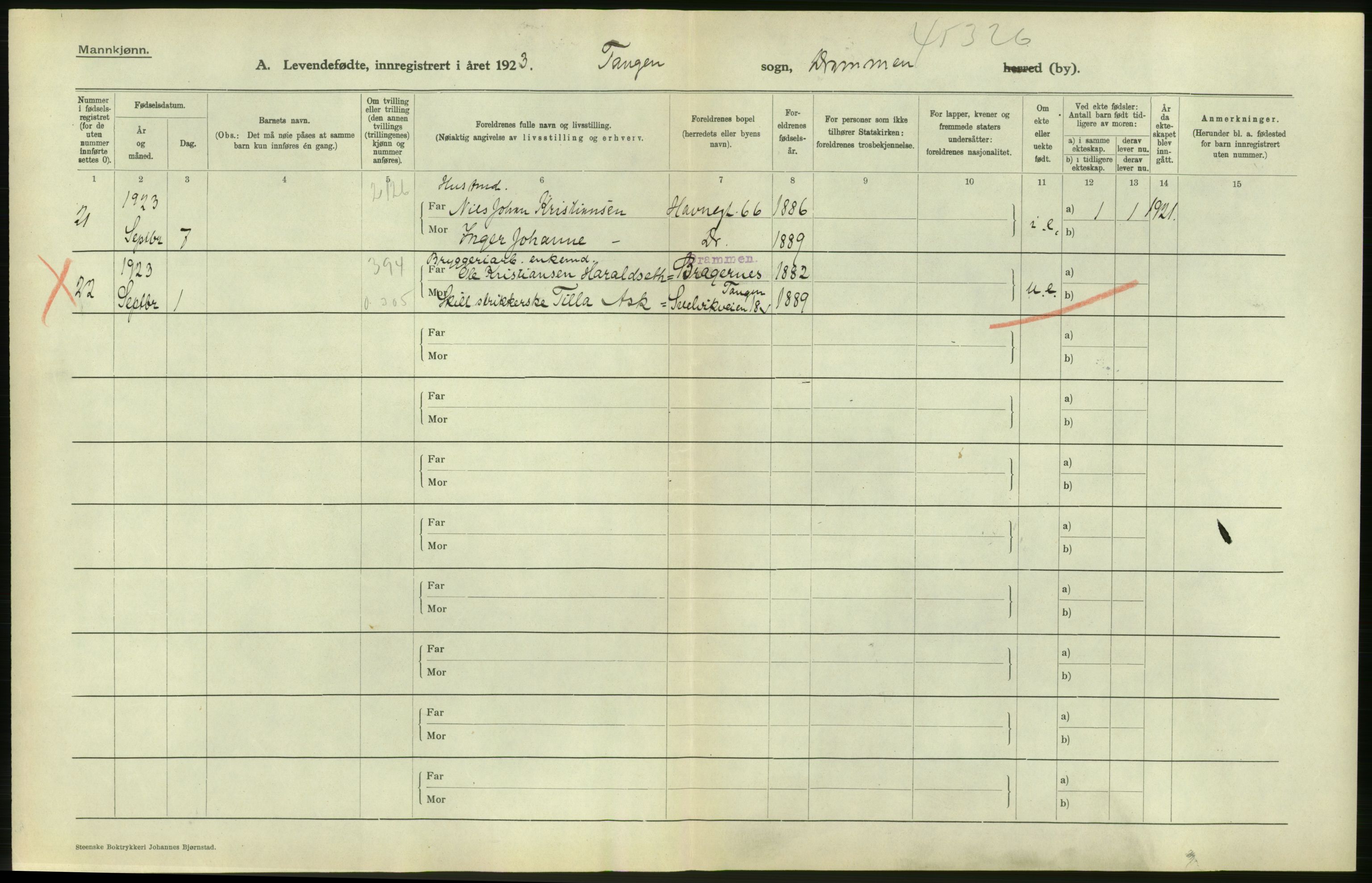 Statistisk sentralbyrå, Sosiodemografiske emner, Befolkning, RA/S-2228/D/Df/Dfc/Dfcc/L0015: Buskerud fylke: Levendefødte menn og kvinner. Bygder og byer., 1923, p. 112