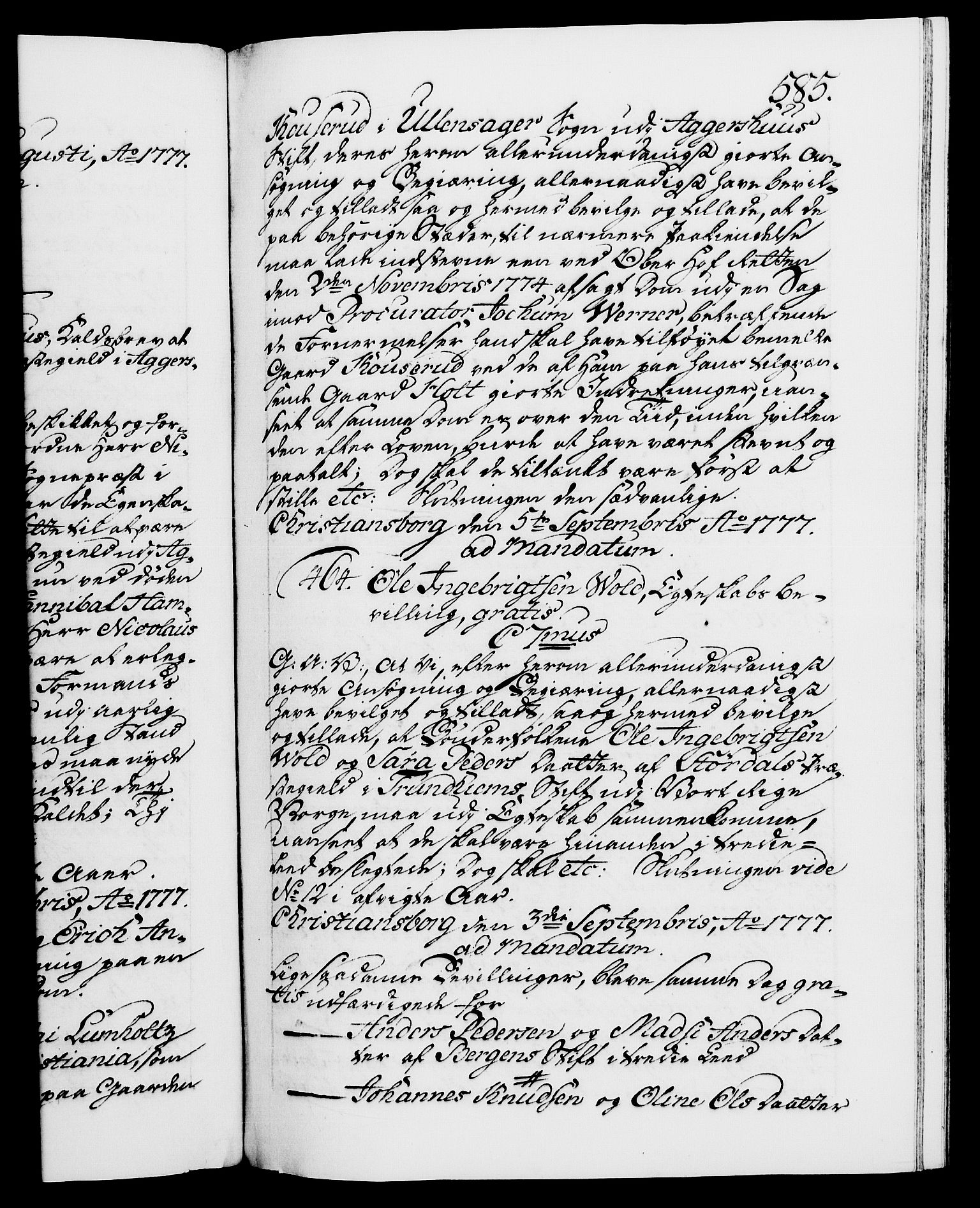 Danske Kanselli 1572-1799, RA/EA-3023/F/Fc/Fca/Fcaa/L0047: Norske registre, 1776-1778, p. 585a
