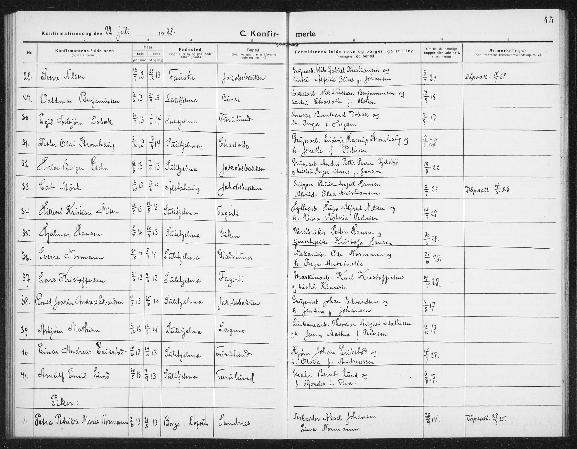 Ministerialprotokoller, klokkerbøker og fødselsregistre - Nordland, SAT/A-1459/850/L0717: Parish register (copy) no. 850C01, 1915-1941, p. 45