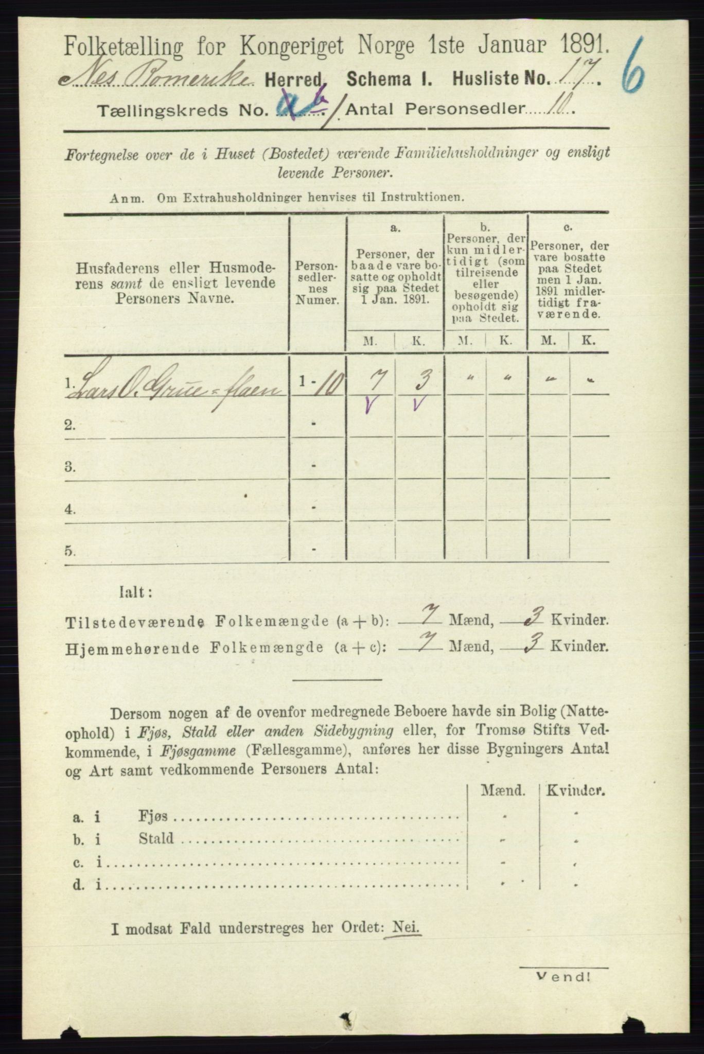 RA, 1891 census for 0236 Nes, 1891, p. 706