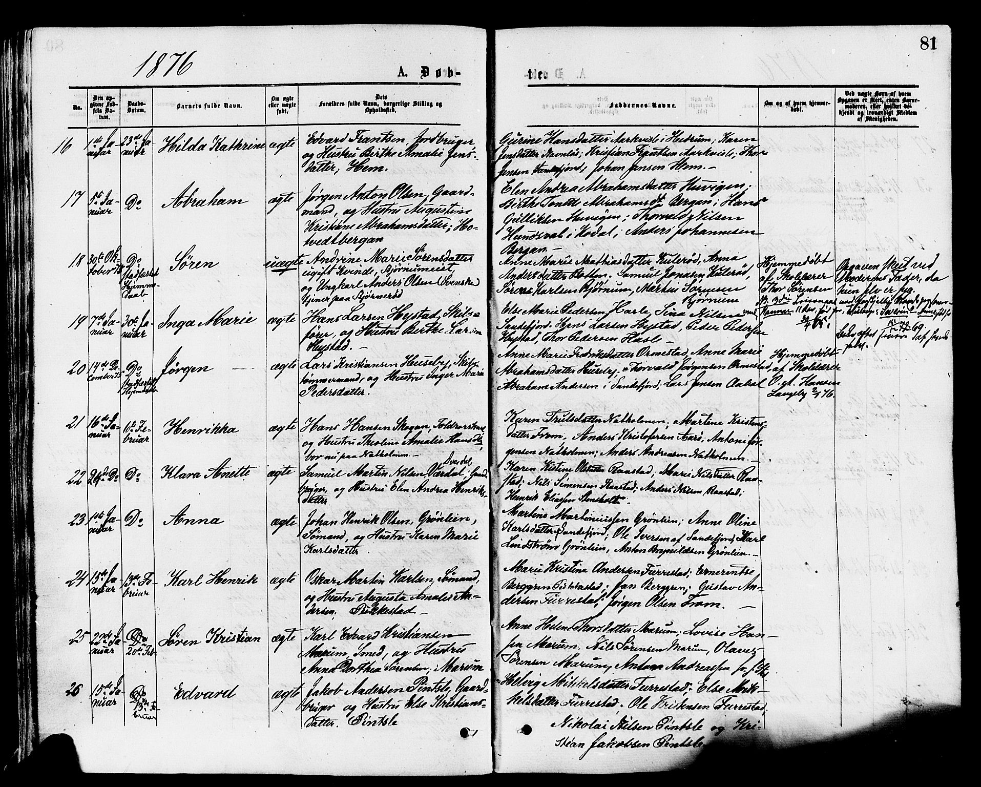 Sandar kirkebøker, AV/SAKO-A-243/F/Fa/L0010: Parish register (official) no. 10, 1872-1882, p. 81