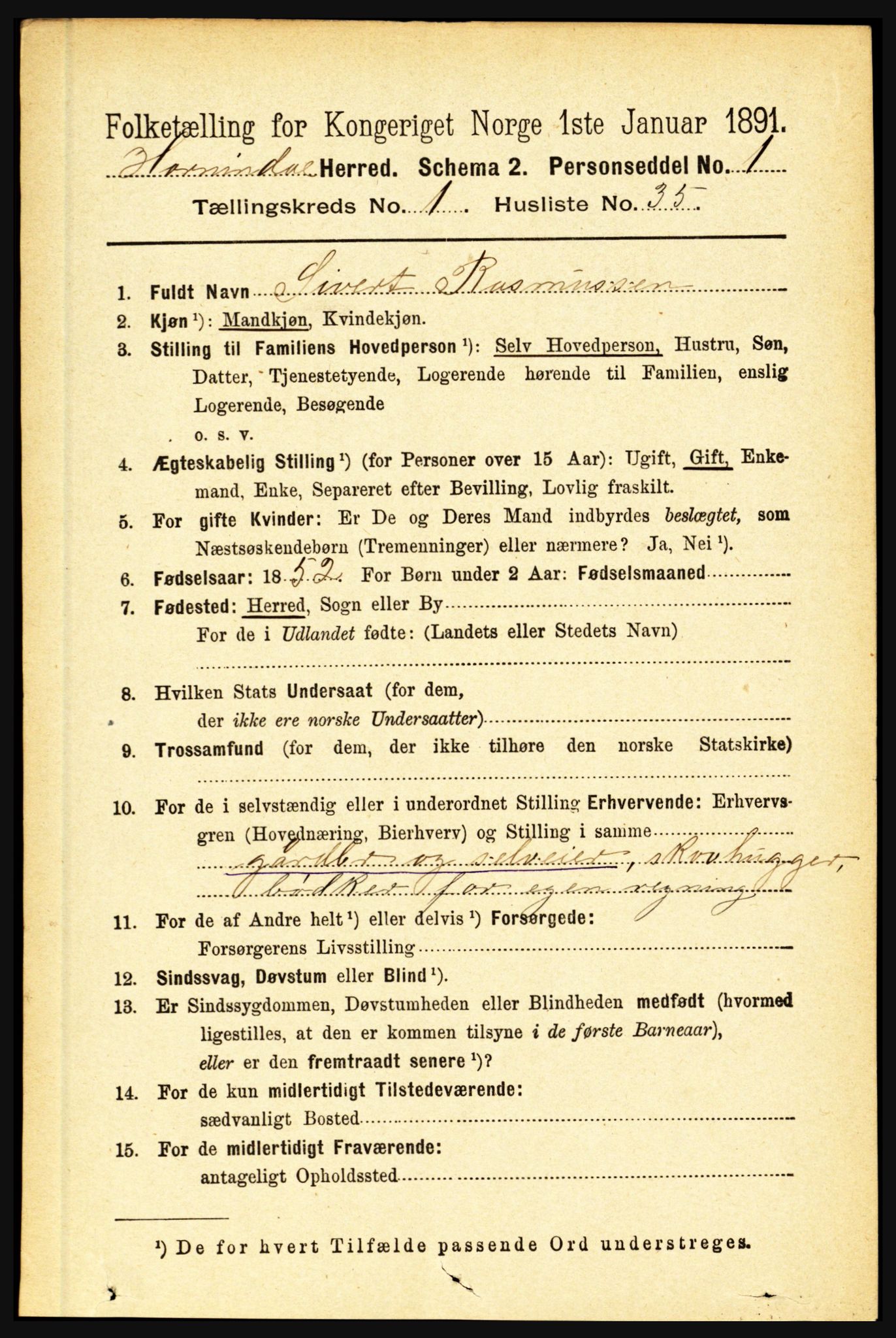 RA, 1891 census for 1444 Hornindal, 1891, p. 292