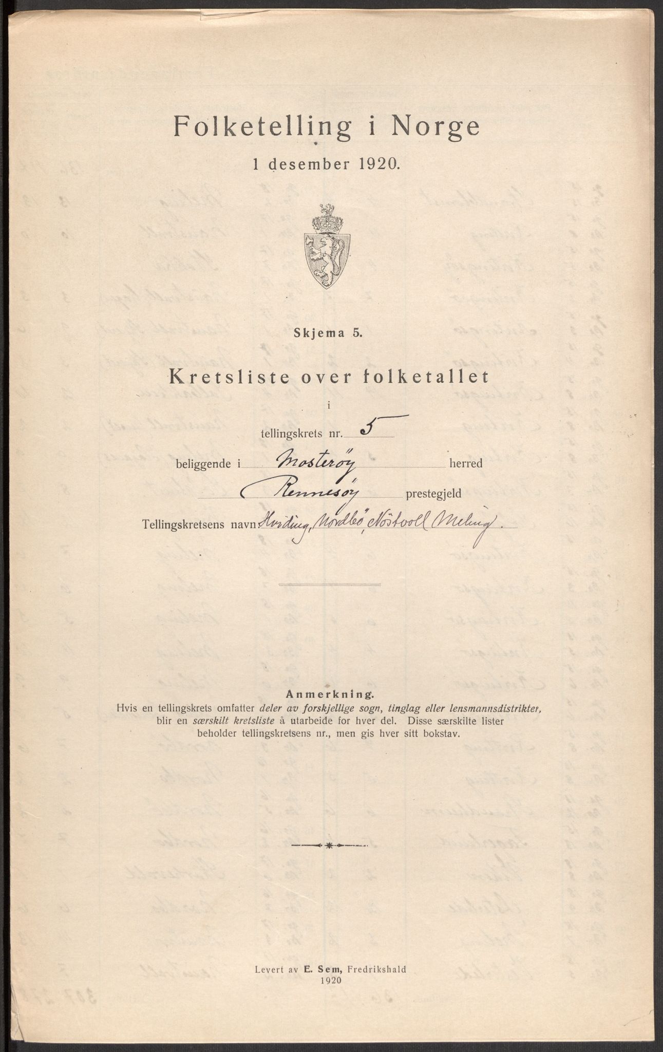 SAST, 1920 census for Mosterøy, 1920, p. 44