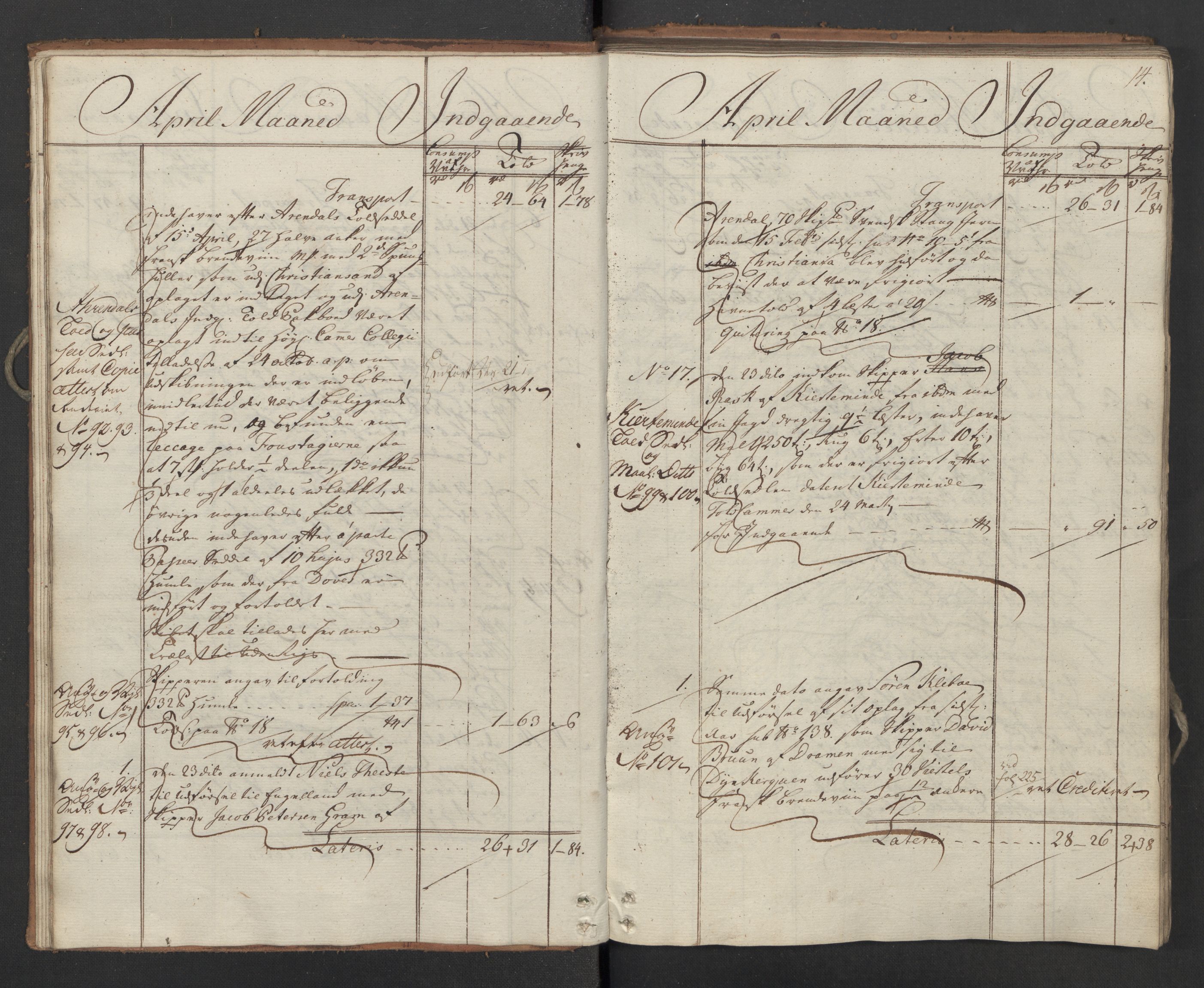 Generaltollkammeret, tollregnskaper, AV/RA-EA-5490/R02/L0034/0001: Tollregnskaper Fredrikstad / Inngående hovedtollbok, 1762, p. 13b-14a