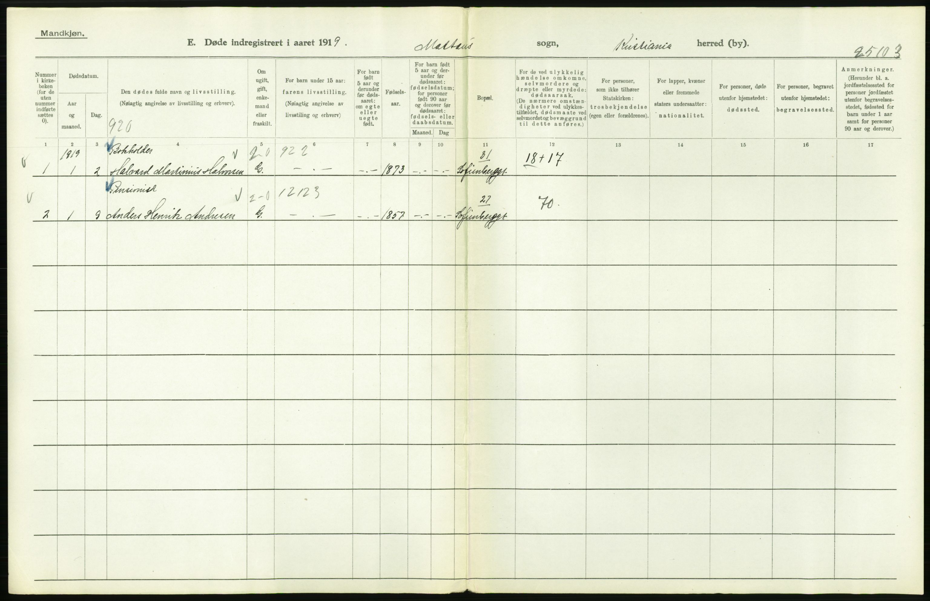 Statistisk sentralbyrå, Sosiodemografiske emner, Befolkning, AV/RA-S-2228/D/Df/Dfb/Dfbi/L0010: Kristiania: Døde, 1919, p. 704