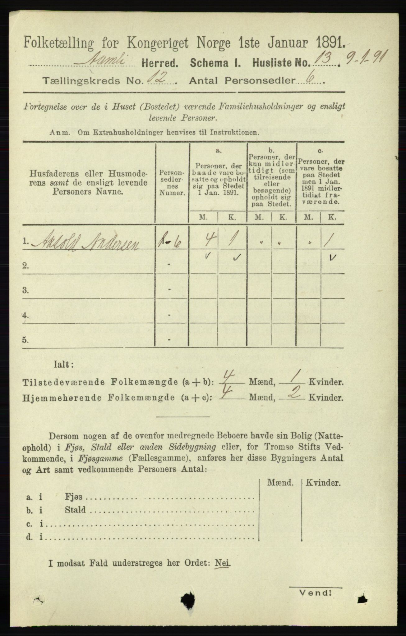 RA, 1891 census for 0929 Åmli, 1891, p. 2031