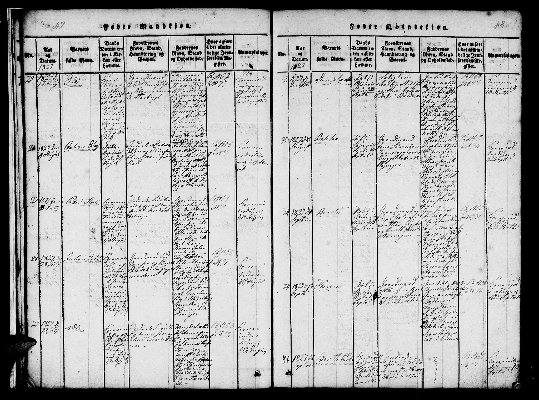 Skjervøy sokneprestkontor, AV/SATØ-S-1300/H/Ha/Hab/L0001klokker: Parish register (copy) no. 1, 1825-1838, p. 42-43