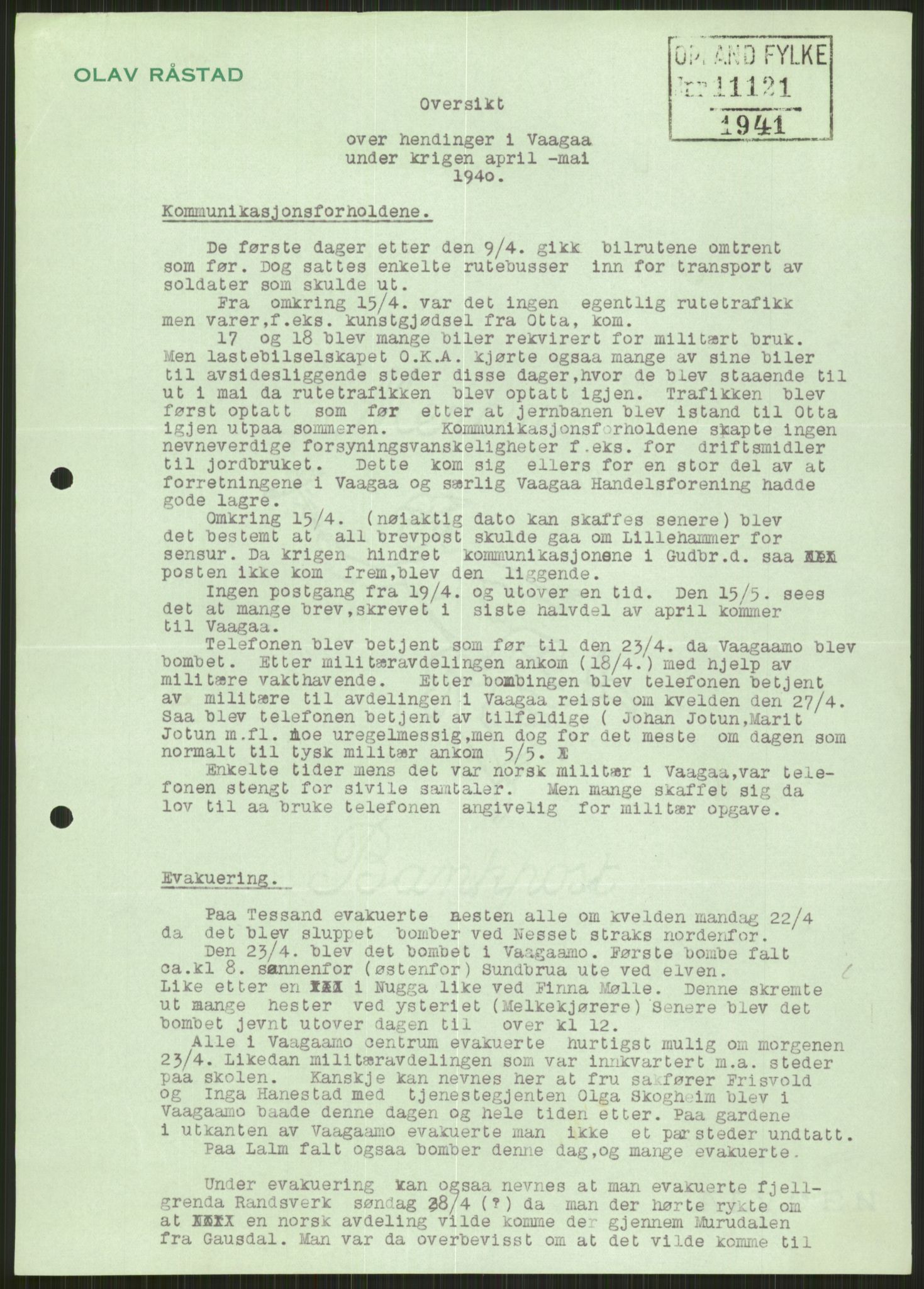 Forsvaret, Forsvarets krigshistoriske avdeling, AV/RA-RAFA-2017/Y/Ya/L0014: II-C-11-31 - Fylkesmenn.  Rapporter om krigsbegivenhetene 1940., 1940, p. 110