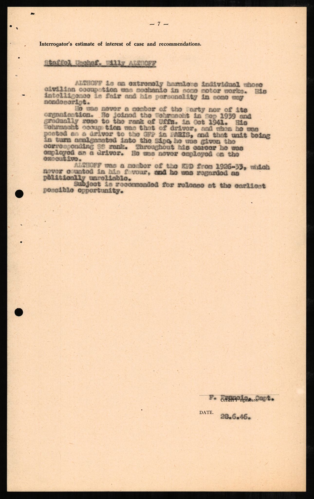 Forsvaret, Forsvarets overkommando II, RA/RAFA-3915/D/Db/L0001: CI Questionaires. Tyske okkupasjonsstyrker i Norge. Tyskere., 1945-1946, p. 174