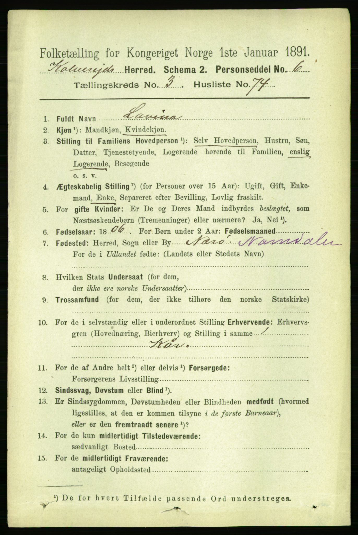 RA, 1891 census for 1752 Kolvereid, 1891, p. 1359