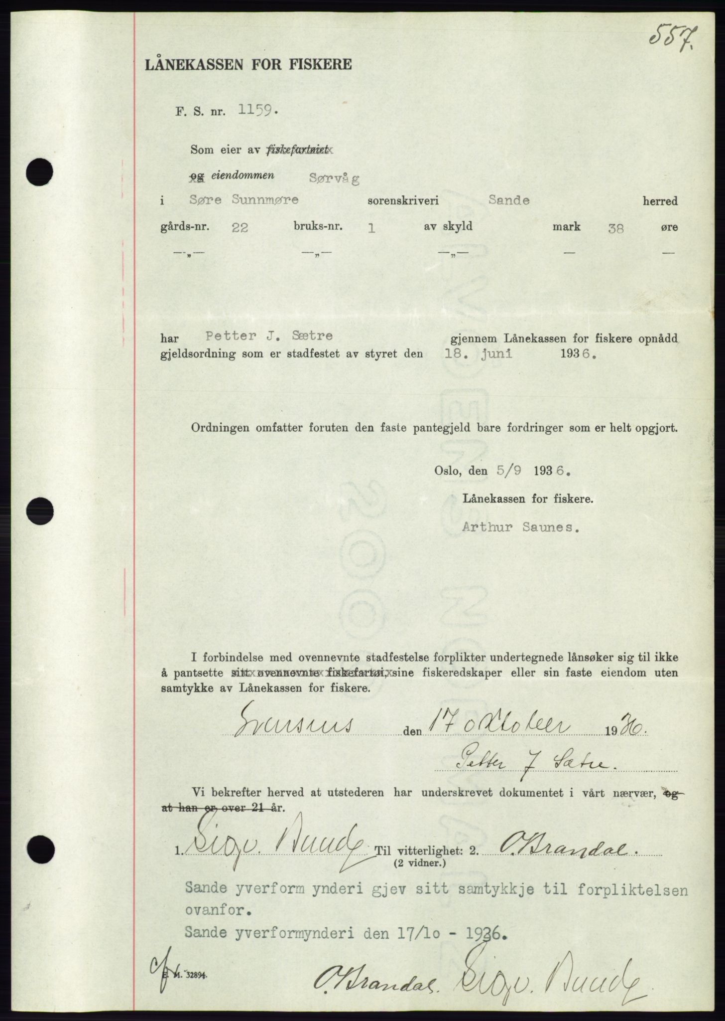 Søre Sunnmøre sorenskriveri, AV/SAT-A-4122/1/2/2C/L0061: Mortgage book no. 55, 1936-1936, Diary no: : 1667/1936