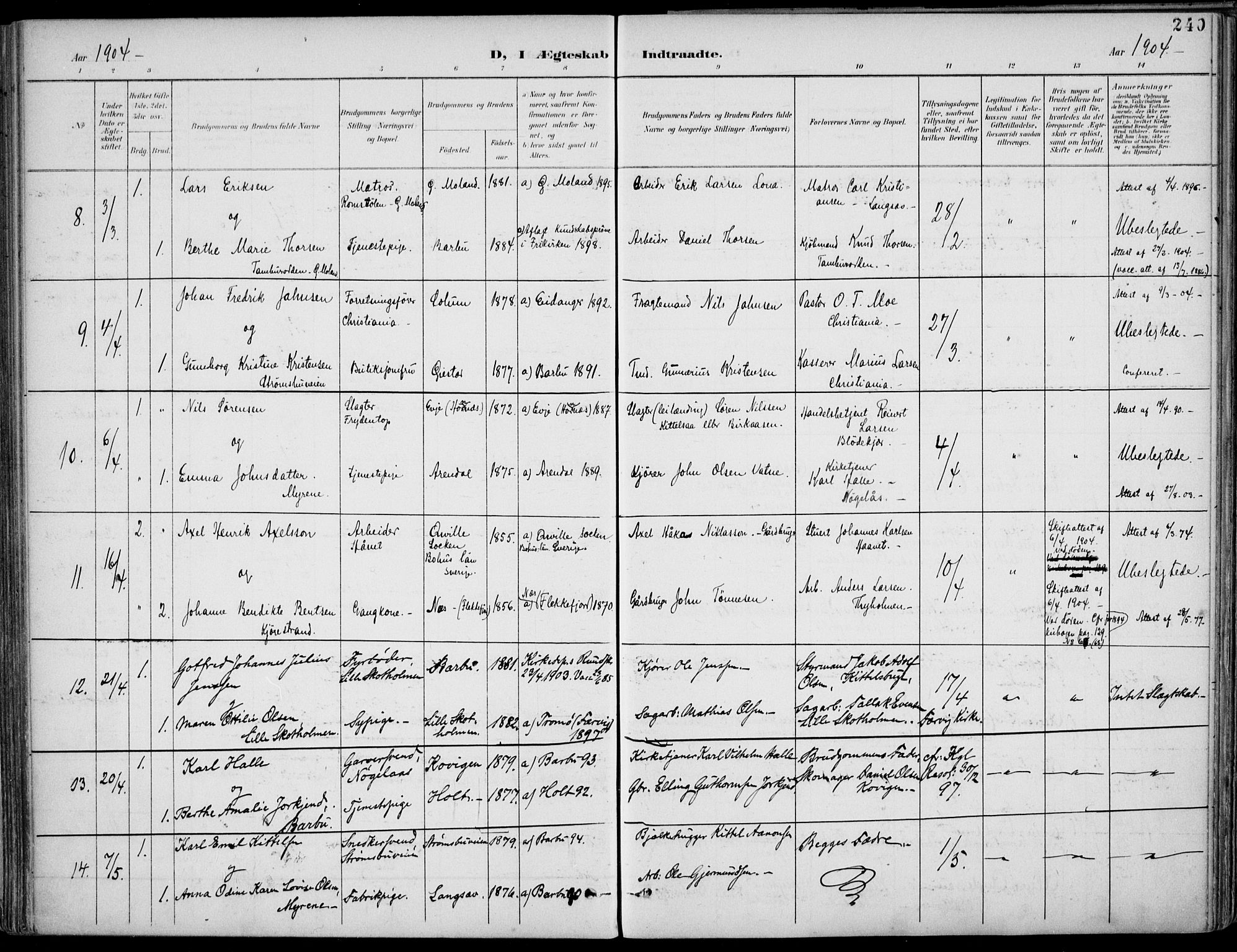 Barbu sokneprestkontor, SAK/1111-0003/F/Fa/L0005: Parish register (official) no. A 5, 1899-1909, p. 240