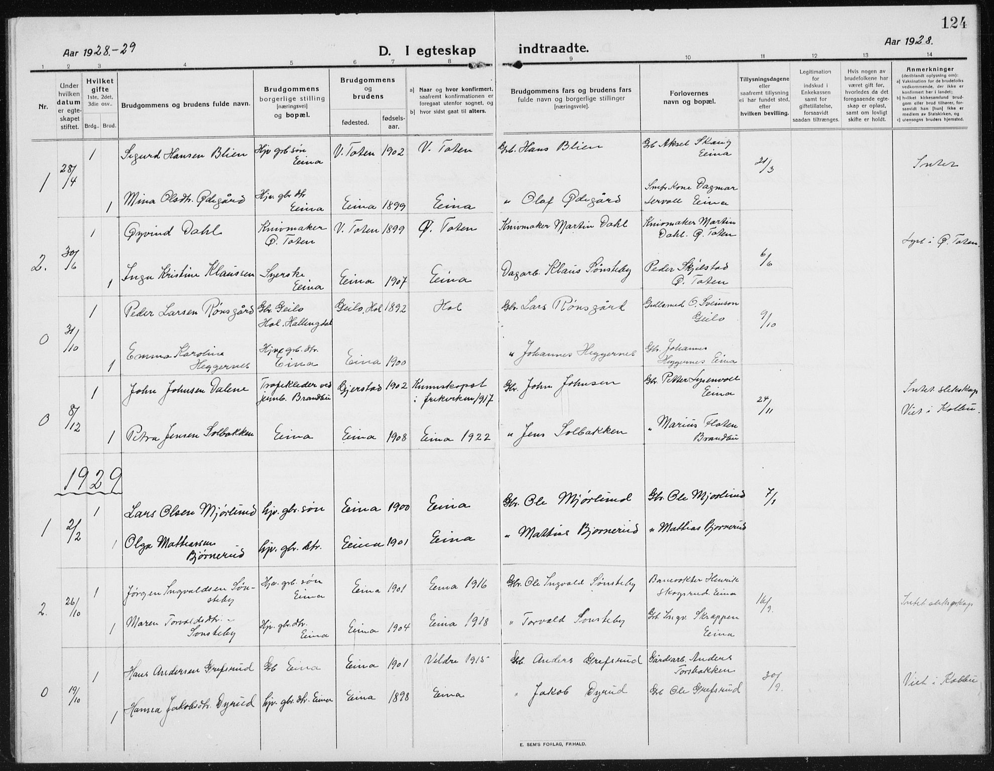 Kolbu prestekontor, AV/SAH-PREST-110/H/Ha/Hab/L0006: Parish register (copy) no. 6, 1916-1934, p. 124