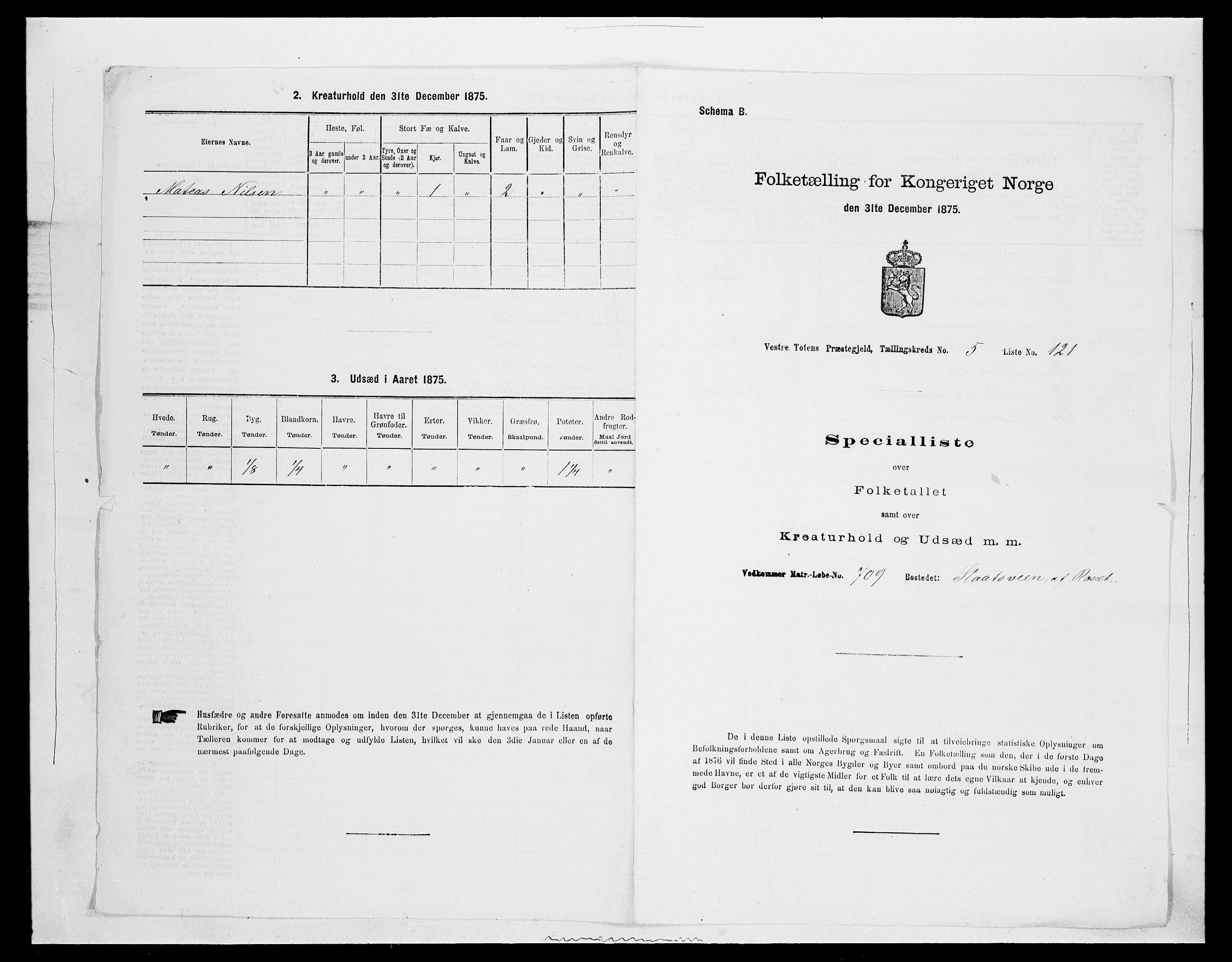 SAH, 1875 census for 0529P Vestre Toten, 1875, p. 1146