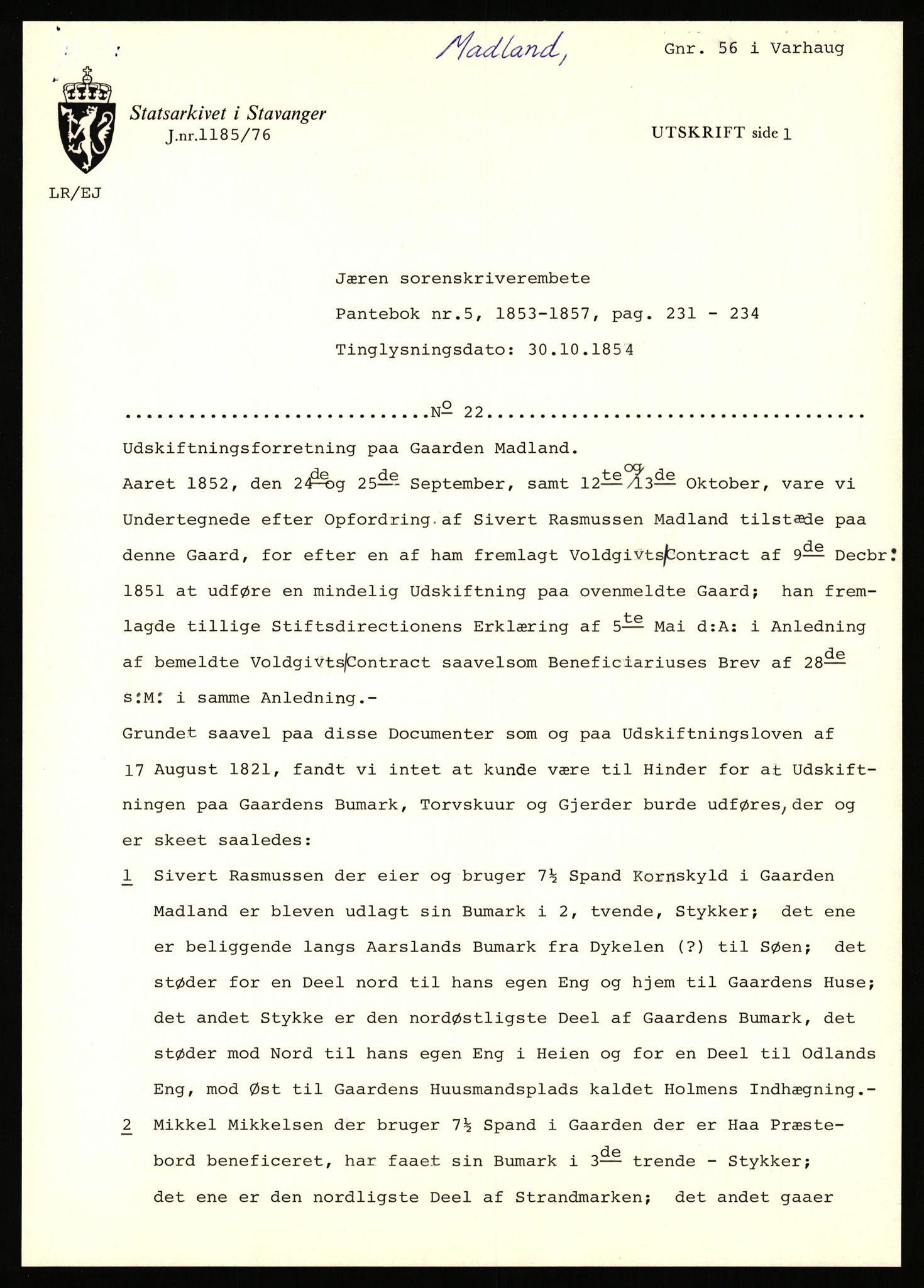 Statsarkivet i Stavanger, SAST/A-101971/03/Y/Yj/L0056: Avskrifter sortert etter gårdsnavn: Løland - Mariero, 1750-1930, p. 249
