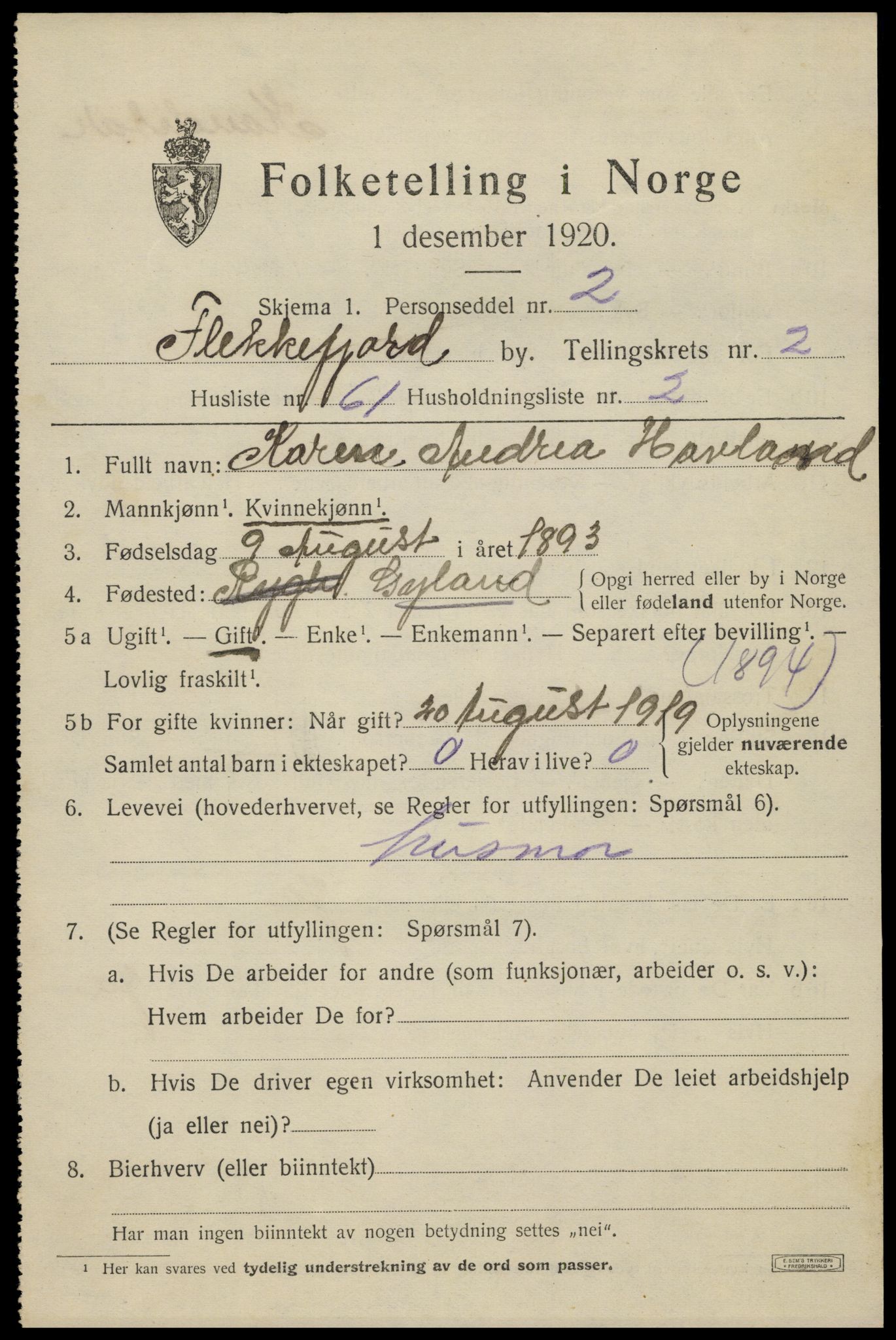 SAK, 1920 census for Flekkefjord, 1920, p. 3220