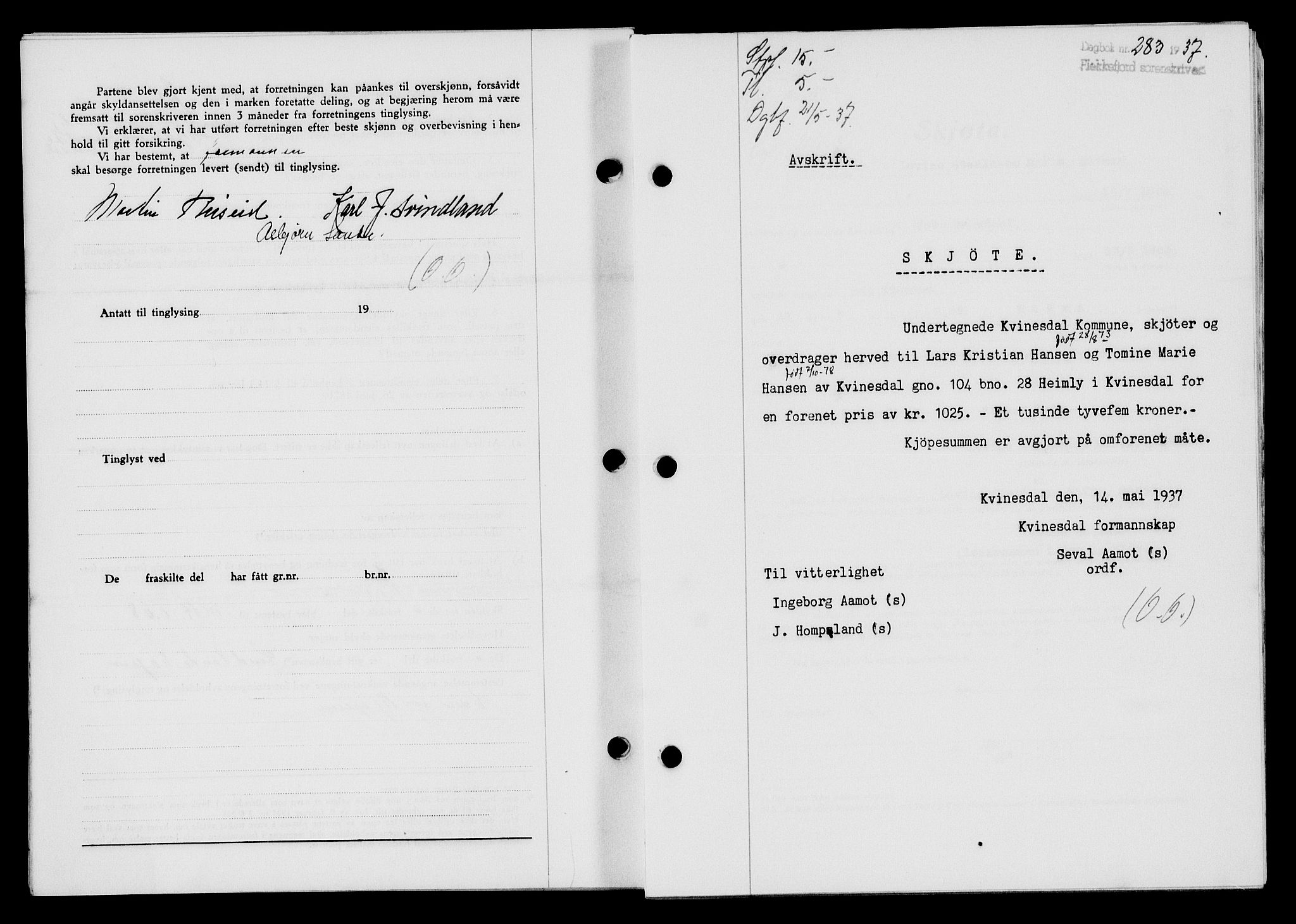 Flekkefjord sorenskriveri, SAK/1221-0001/G/Gb/Gba/L0053: Mortgage book no. A-1, 1936-1937, Diary no: : 283/1937