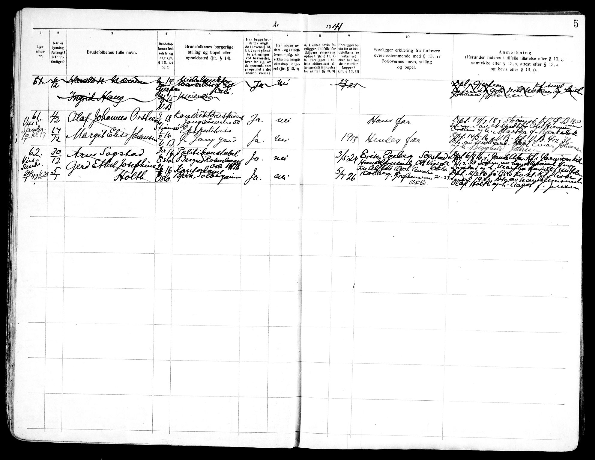 Vestre Bærum prestekontor Kirkebøker, AV/SAO-A-10209a/H/L0002: Banns register no. 2, 1941-1956, p. 5