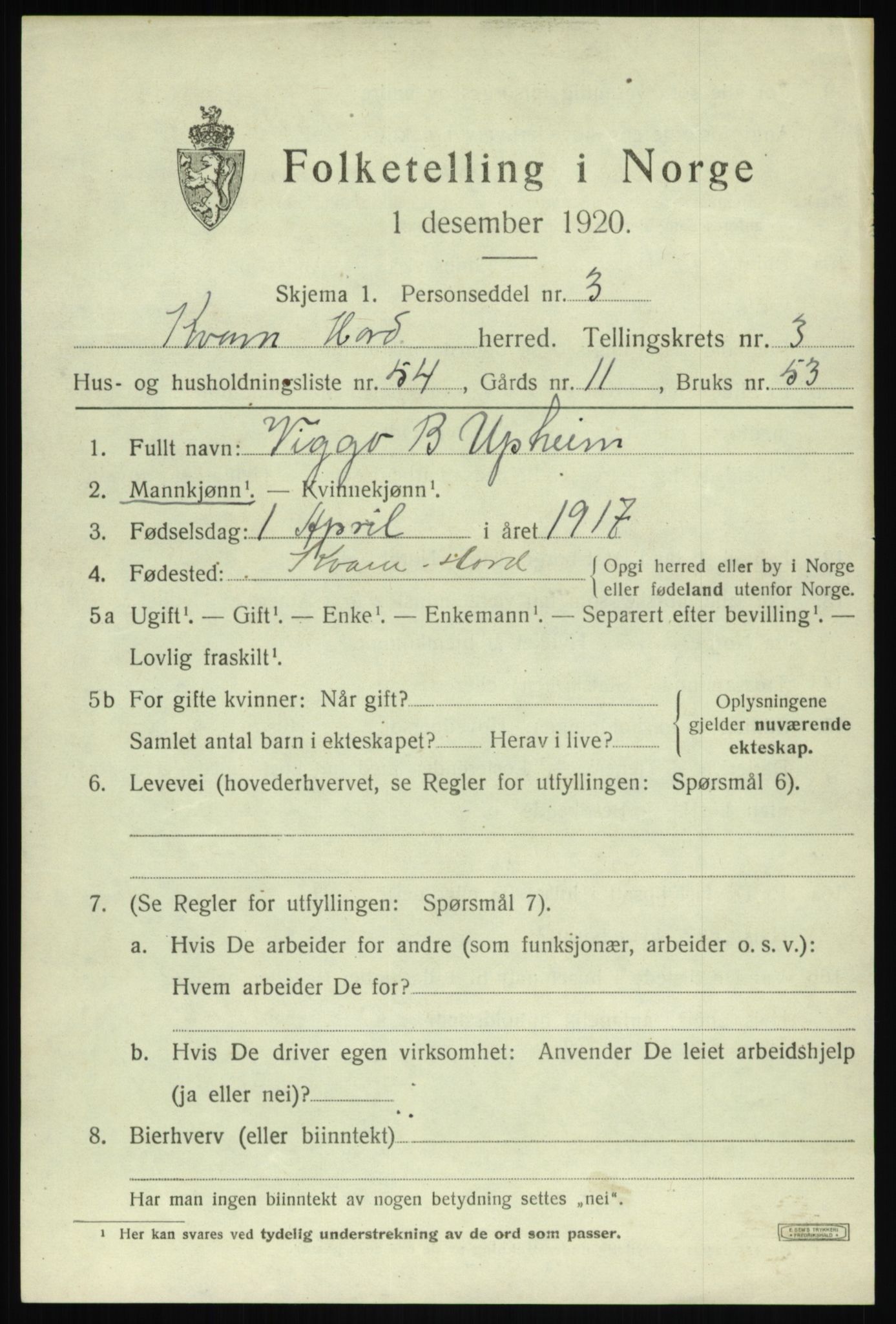 SAB, 1920 census for Kvam, 1920, p. 3223