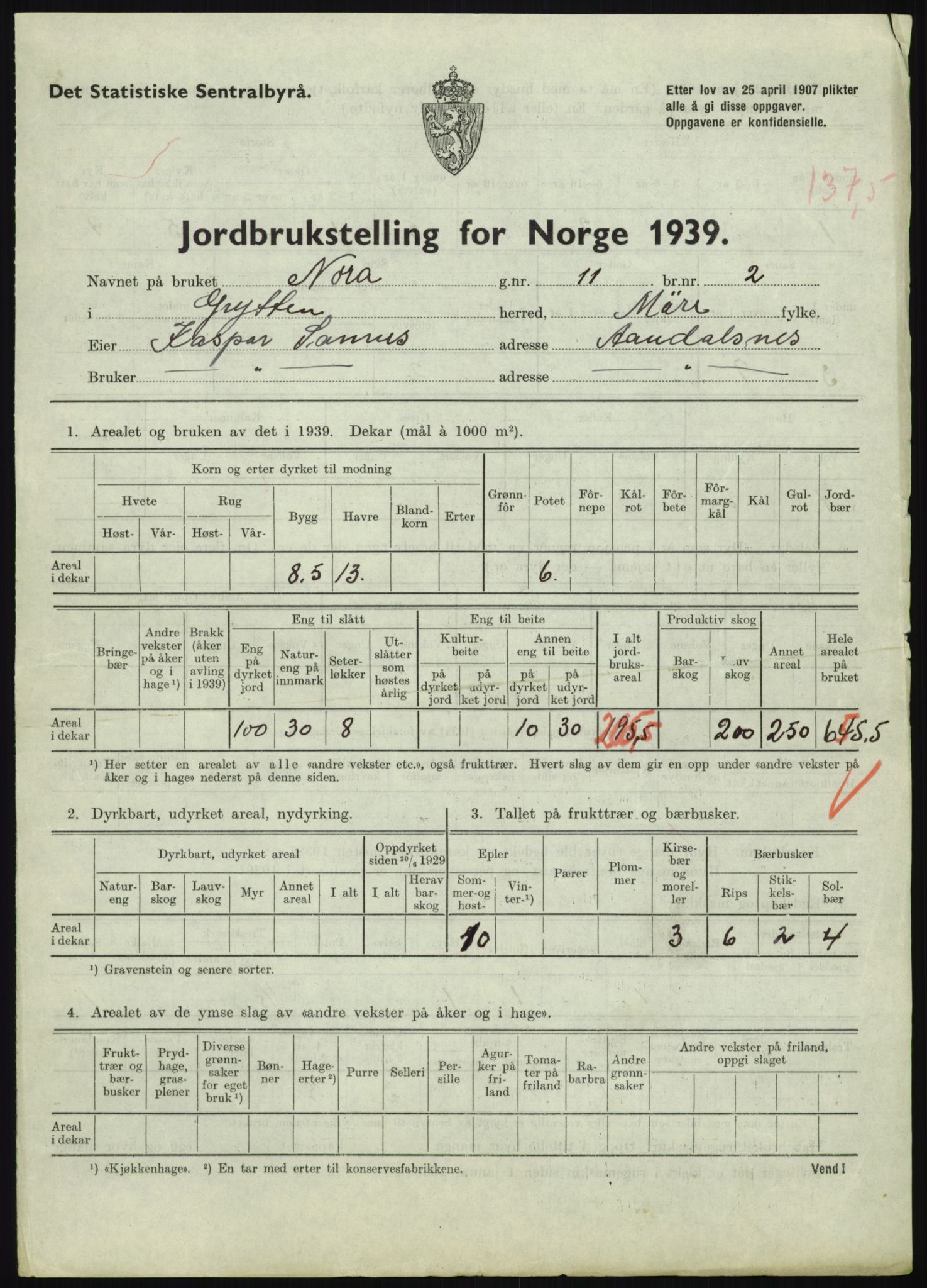 Statistisk sentralbyrå, Næringsøkonomiske emner, Jordbruk, skogbruk, jakt, fiske og fangst, AV/RA-S-2234/G/Gb/L0251: Møre og Romsdal: Voll, Eid, Grytten og Hen, 1939, p. 909