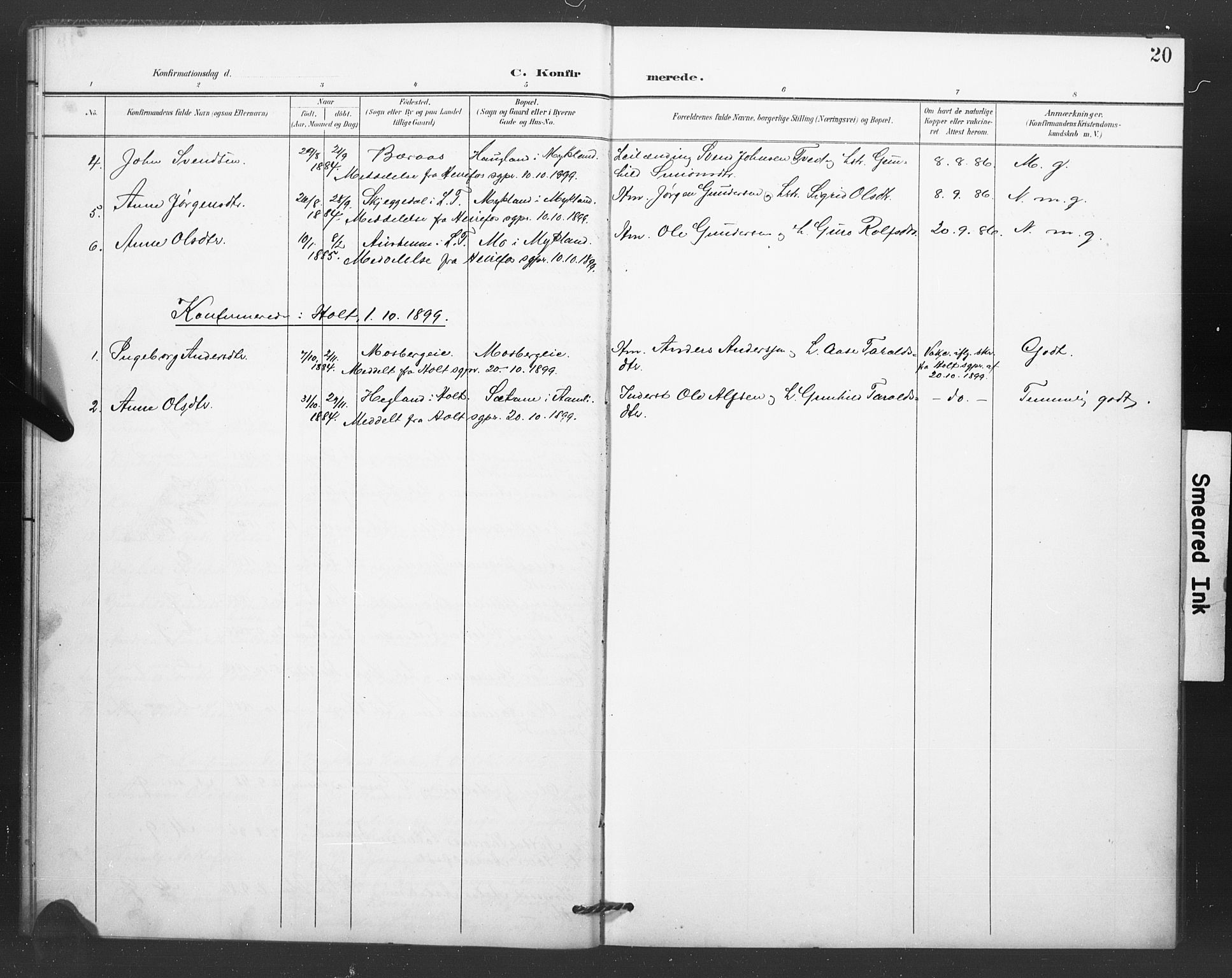 Åmli sokneprestkontor, SAK/1111-0050/F/Fa/Fac/L0011: Parish register (official) no. A 11, 1898-1899, p. 20