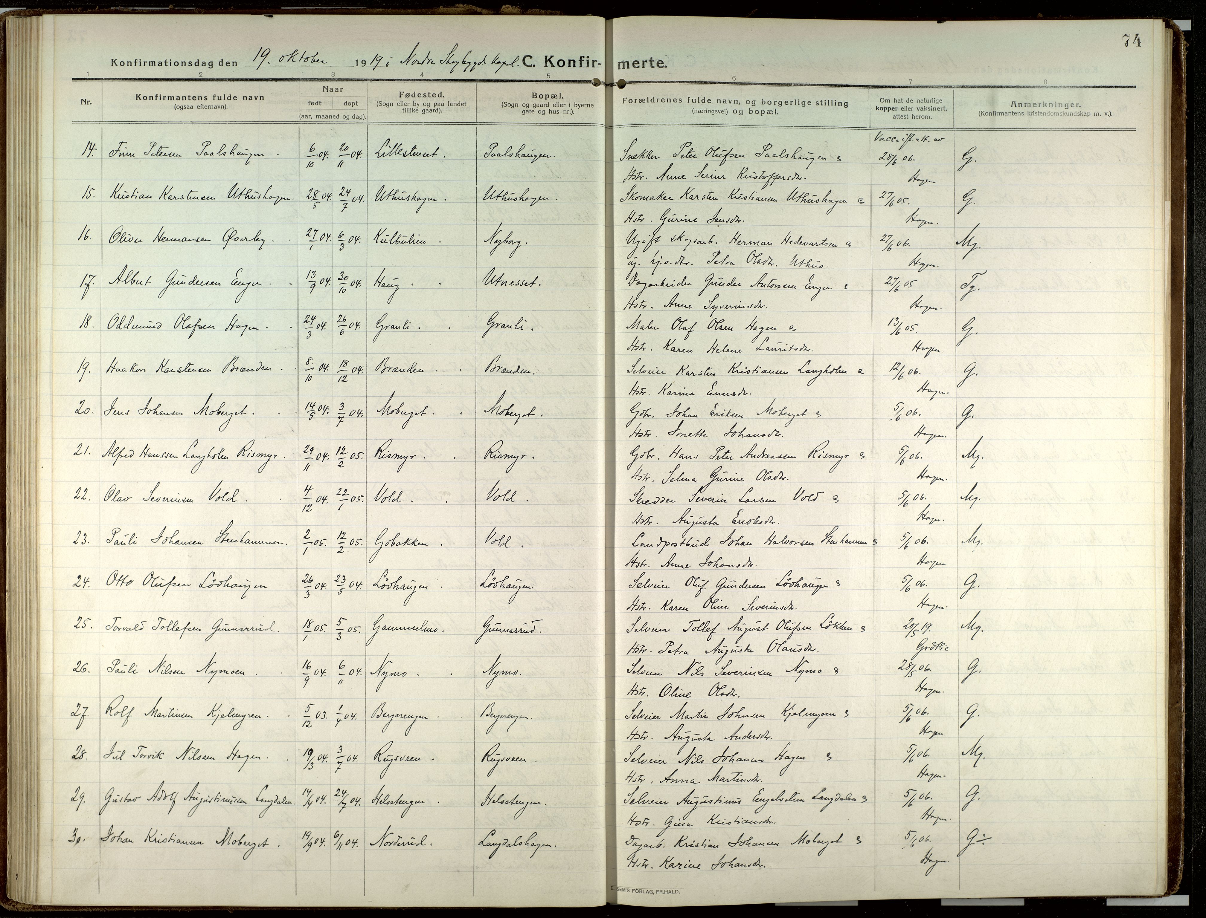 Elverum prestekontor, AV/SAH-PREST-044/H/Ha/Haa/L0023: Parish register (official) no. 23, 1914-1929, p. 74