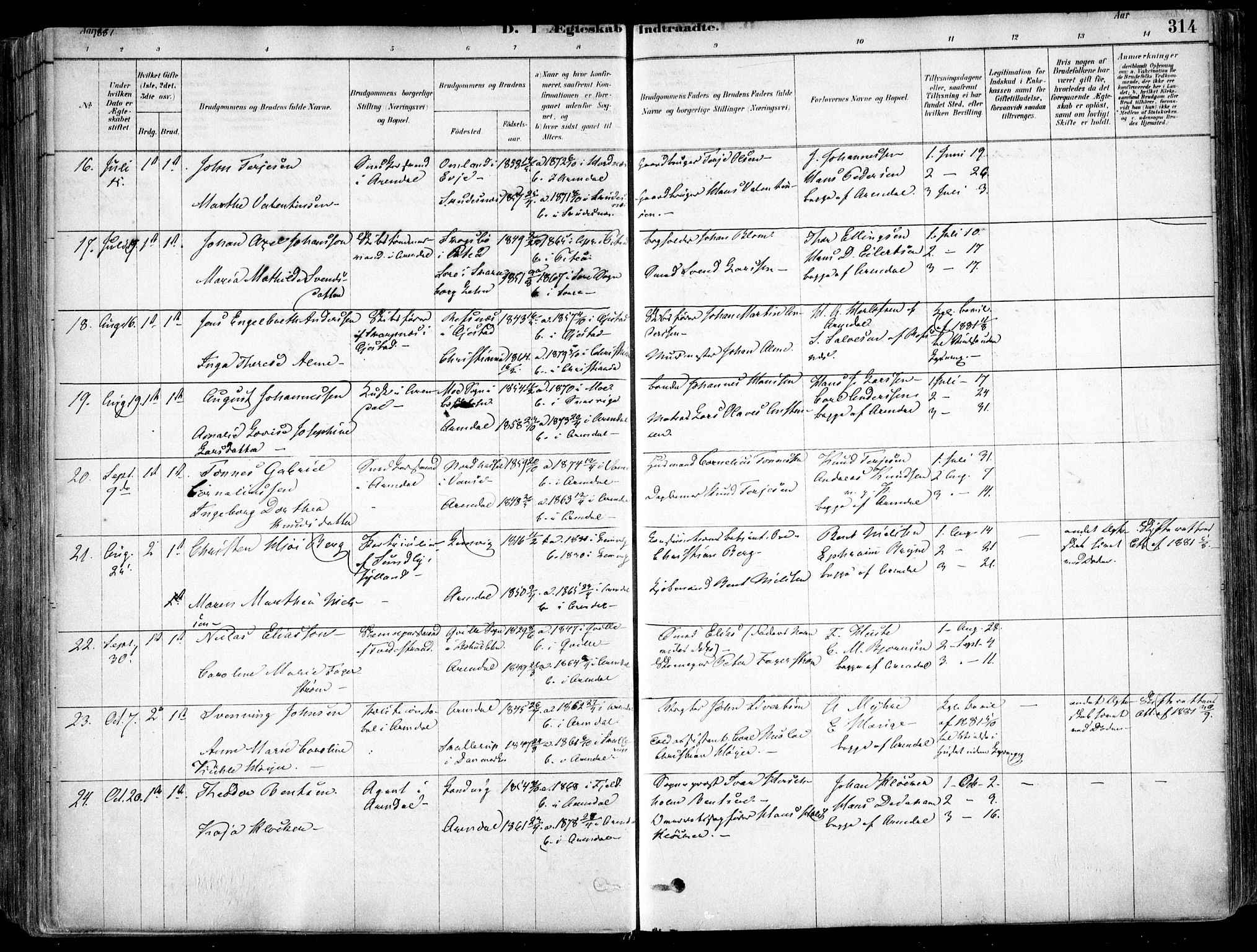 Arendal sokneprestkontor, Trefoldighet, AV/SAK-1111-0040/F/Fa/L0008: Parish register (official) no. A 8, 1878-1899, p. 314