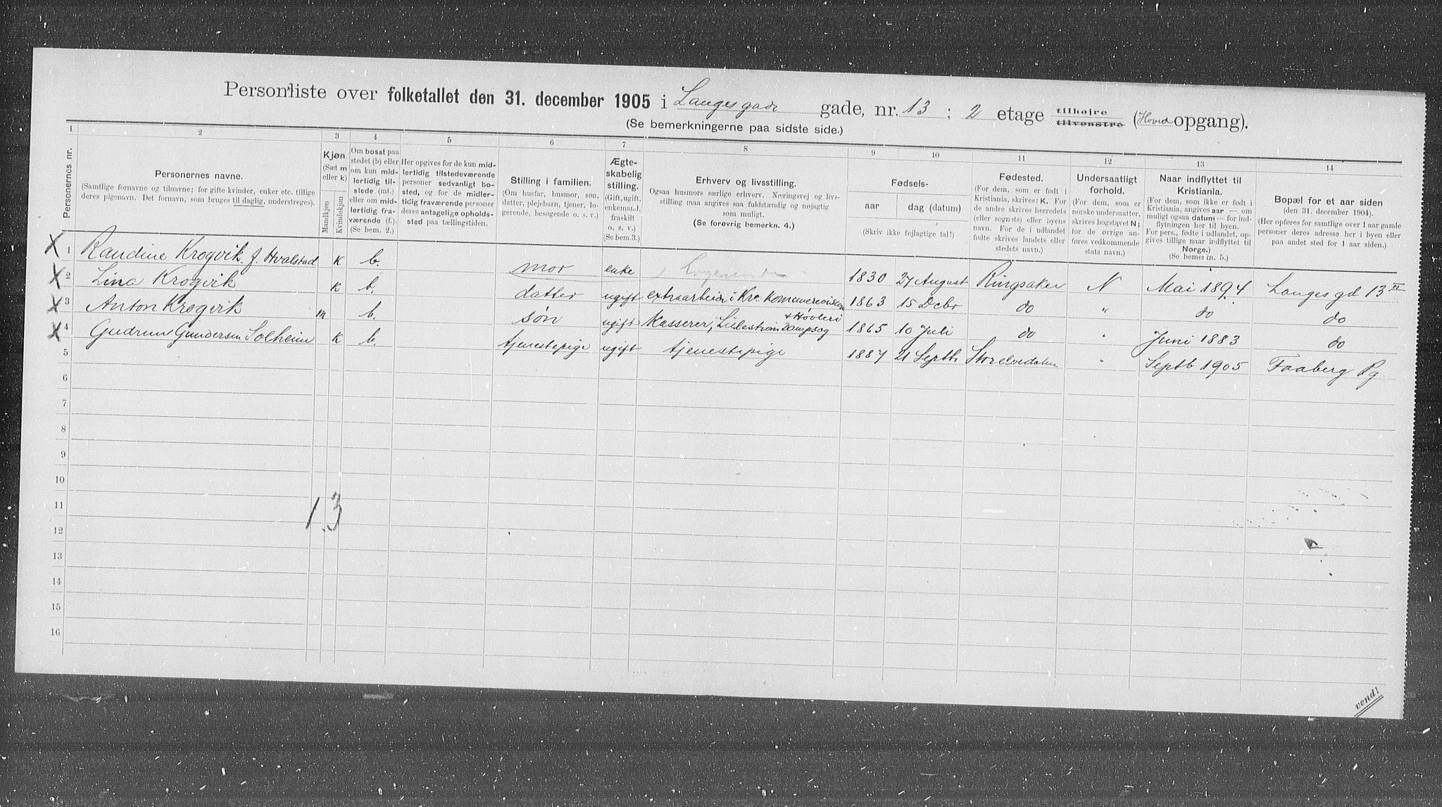 OBA, Municipal Census 1905 for Kristiania, 1905, p. 29596