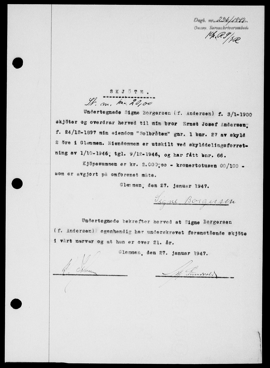 Onsøy sorenskriveri, SAO/A-10474/G/Ga/Gab/L0018: Mortgage book no. II A-18, 1946-1947, Diary no: : 236/1947