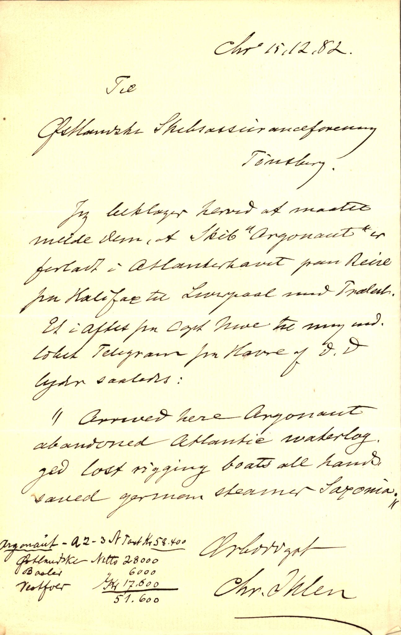 Pa 63 - Østlandske skibsassuranceforening, VEMU/A-1079/G/Ga/L0015/0009: Havaridokumenter / Insulan, Nymph, Argonaut, 1882, p. 40