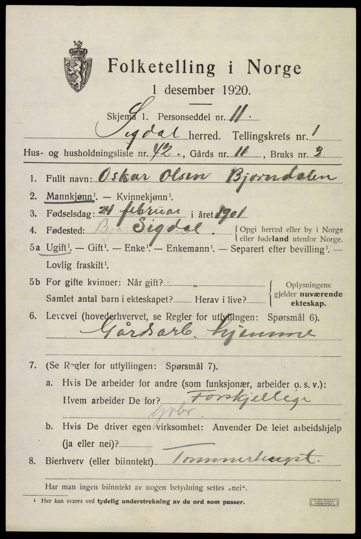 SAKO, 1920 census for Sigdal, 1920, p. 1922