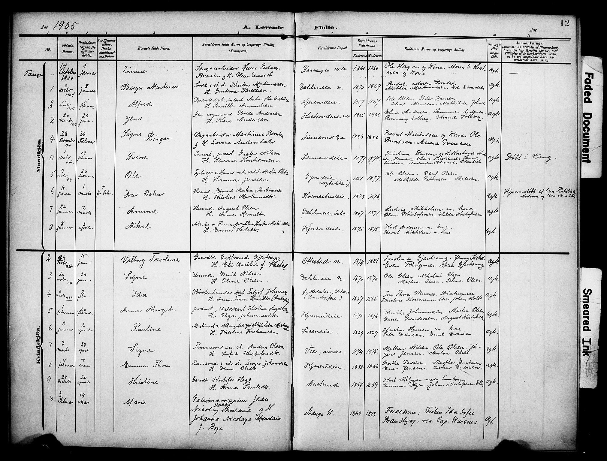 Stange prestekontor, AV/SAH-PREST-002/K/L0022: Parish register (official) no. 22, 1903-1914, p. 12