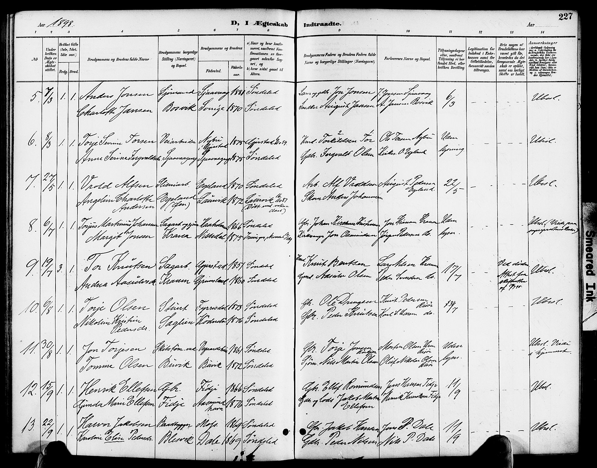 Søndeled sokneprestkontor, SAK/1111-0038/F/Fa/L0005: Parish register (official) no. A 5, 1889-1899, p. 227