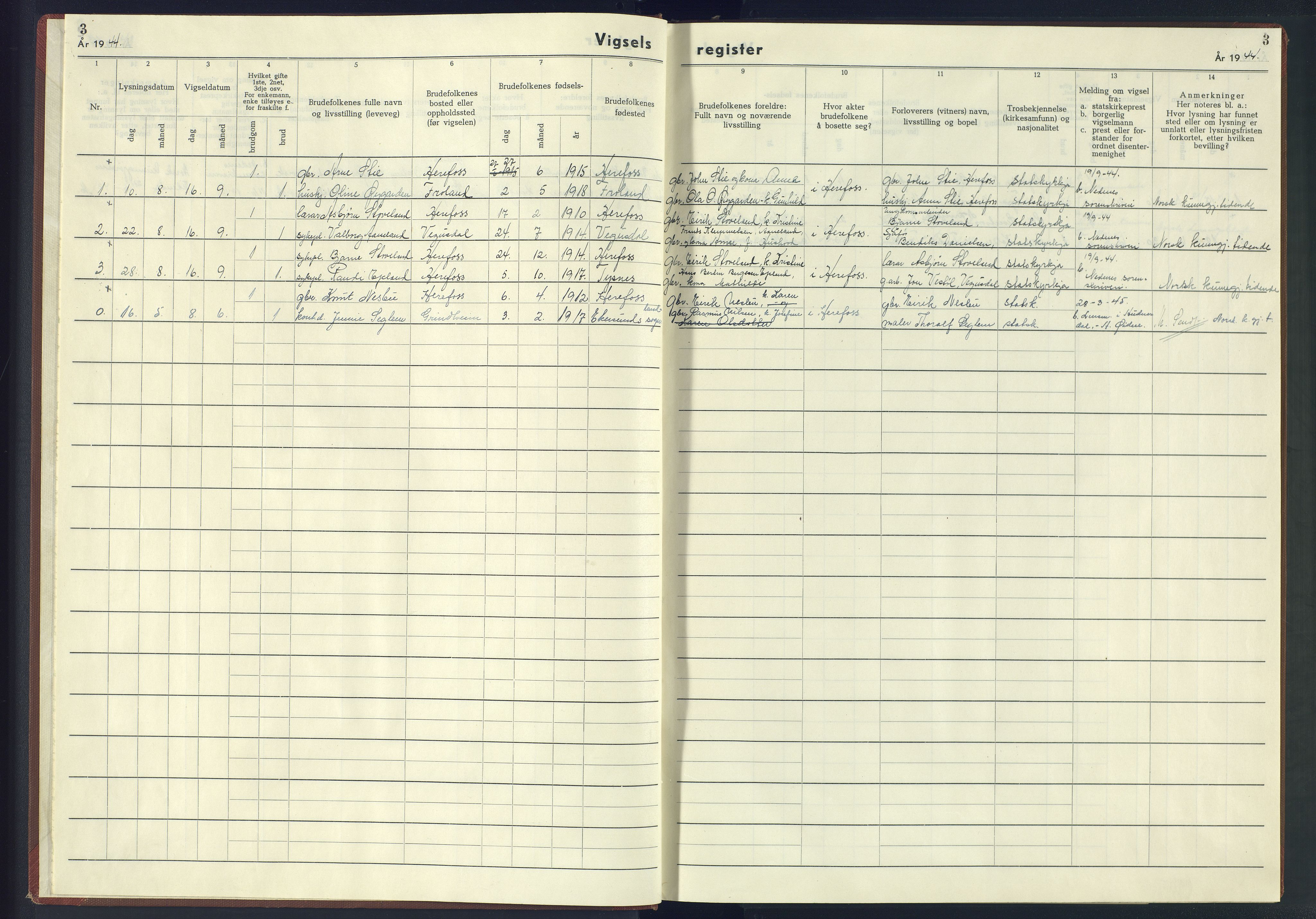 Herefoss sokneprestkontor, AV/SAK-1111-0019/J/Jb/L0004: Marriage register no. II.6.4, 1942-1945, p. 3